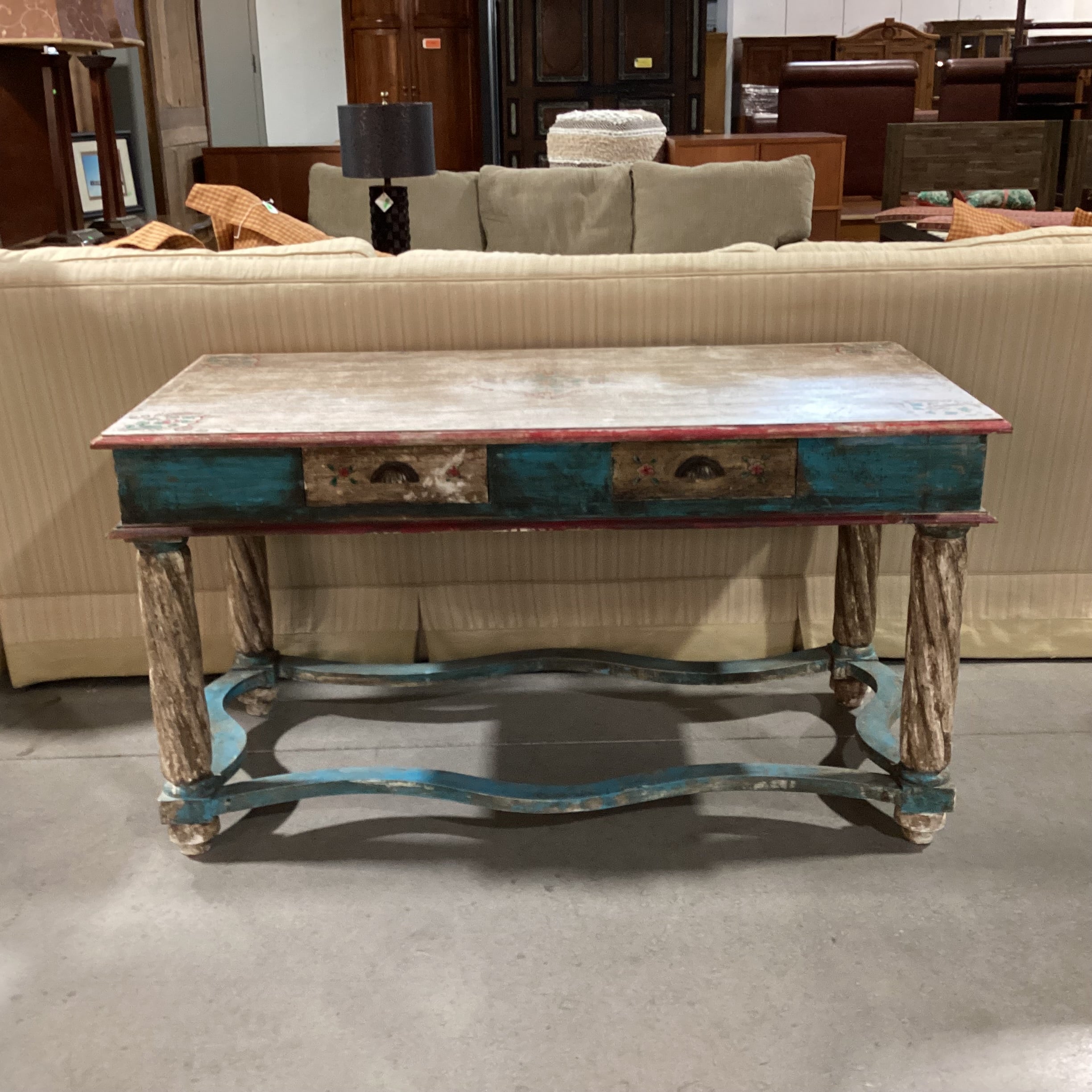 Antiqued Finish Hand Painted Blue & Red Floral Carved Wood 2 Drawer Accent Table 58.5"x 28.5"x 32"