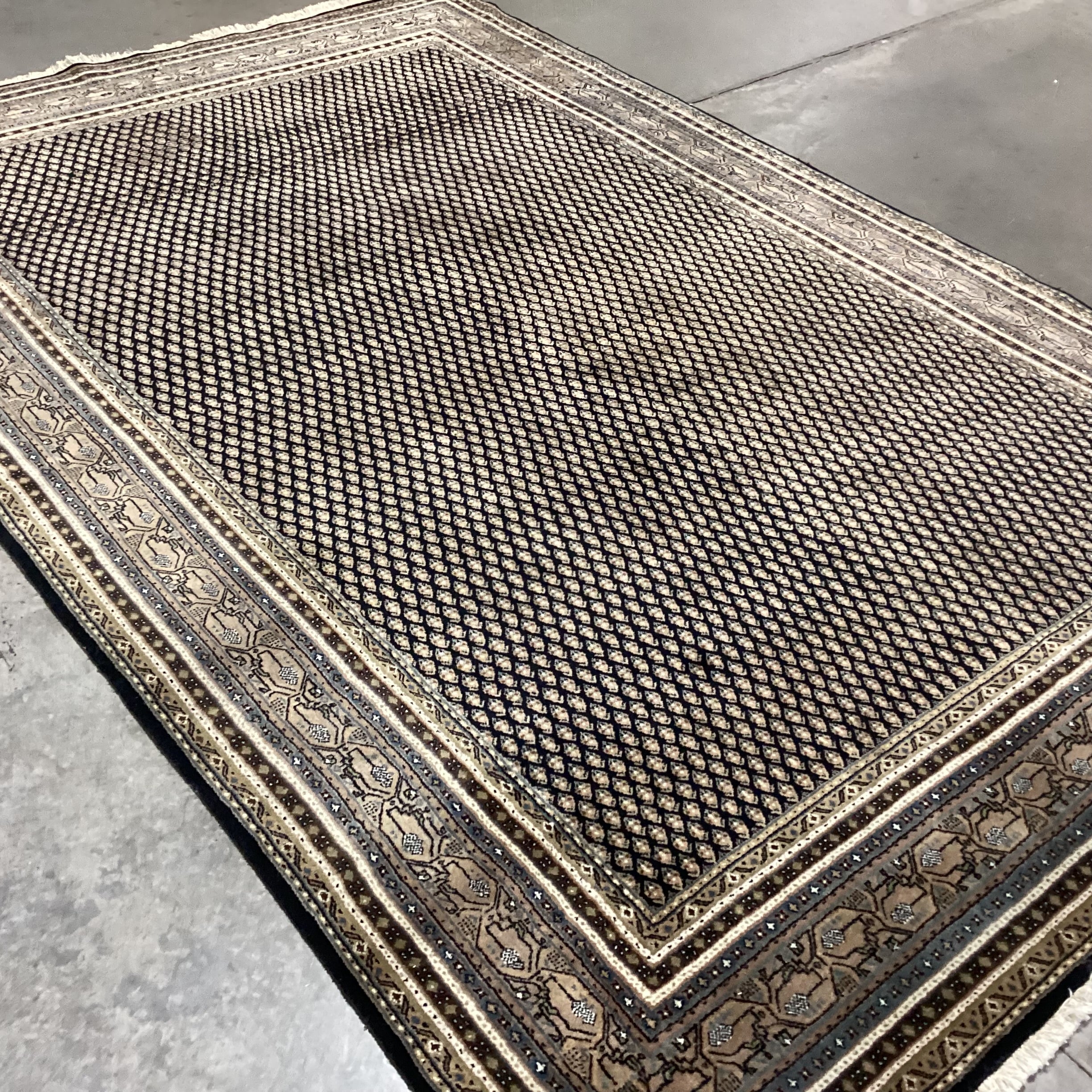 Cream Black Blue Taupe Olive Indo Mir Boteh Motif Hand Woven Wool Rug 6"x 9'4"