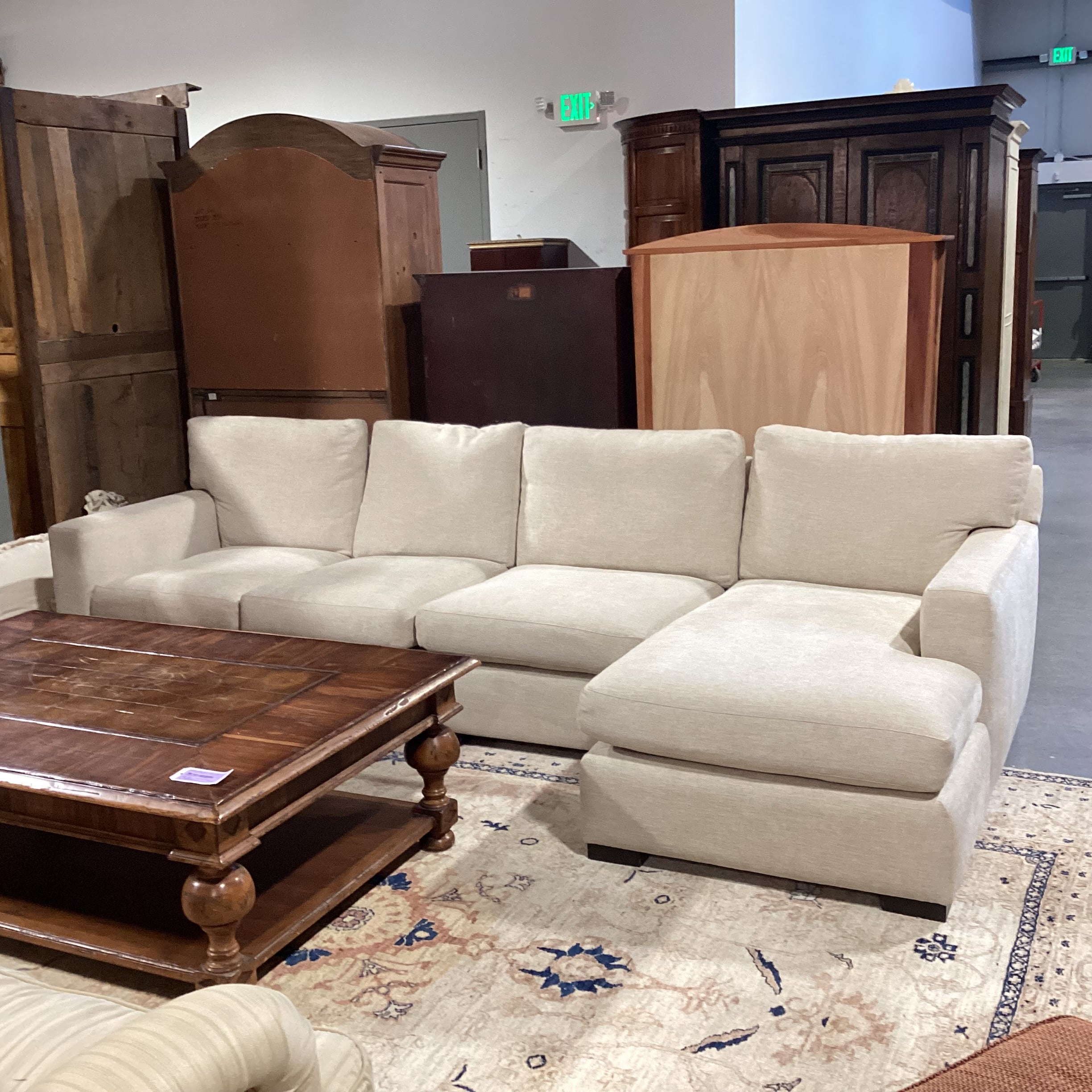 Custom Cream Heather Woven Track Arm 3 Piece with Chaise Sectional 126"x 66"x 42"x 32"