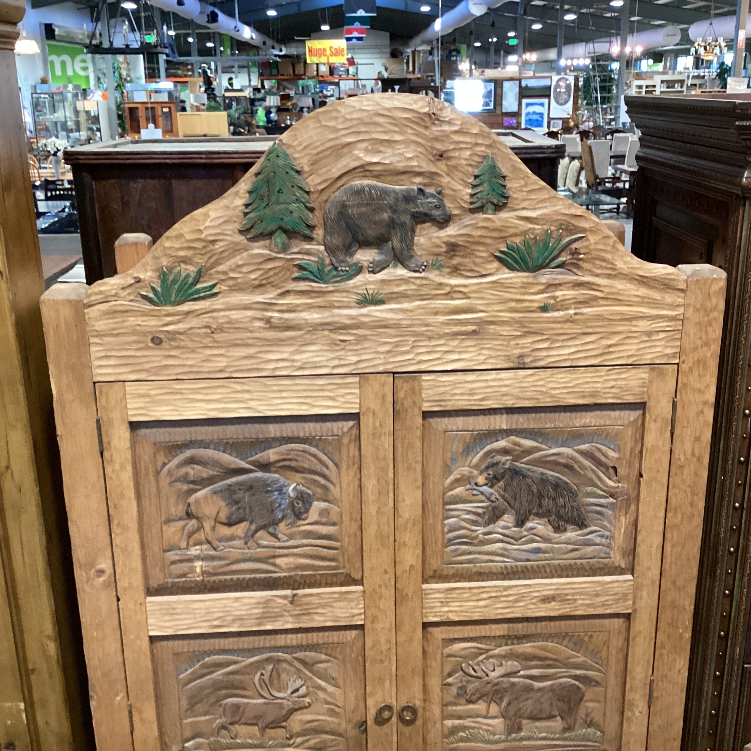 Rustic Hand Carved Bear Moose Elk Buffalo 2 Door with Shelves Armoire 48"x 26"x 84"