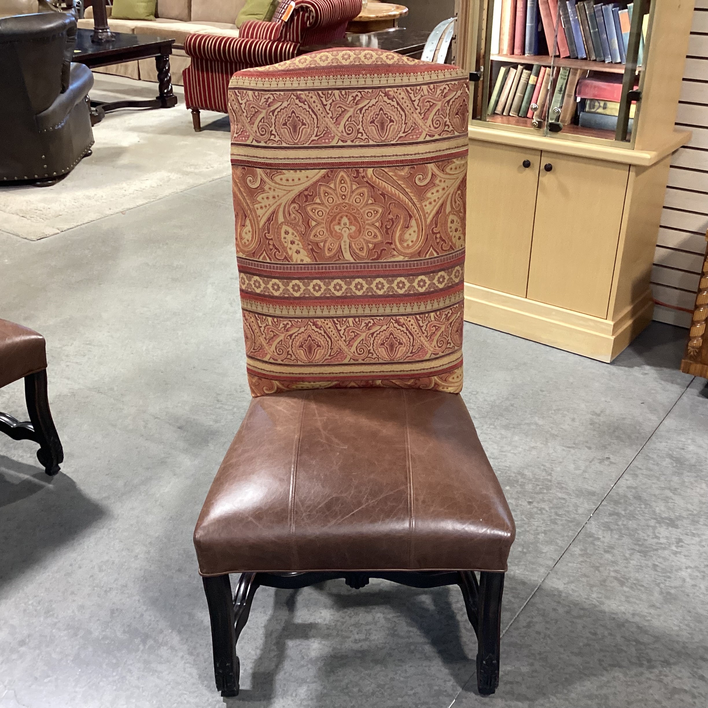 SET of 8 Carved Antiqued Black Wood Leather & Orange Gold Upholstered Dining Chairs 23"x 22"x 46"