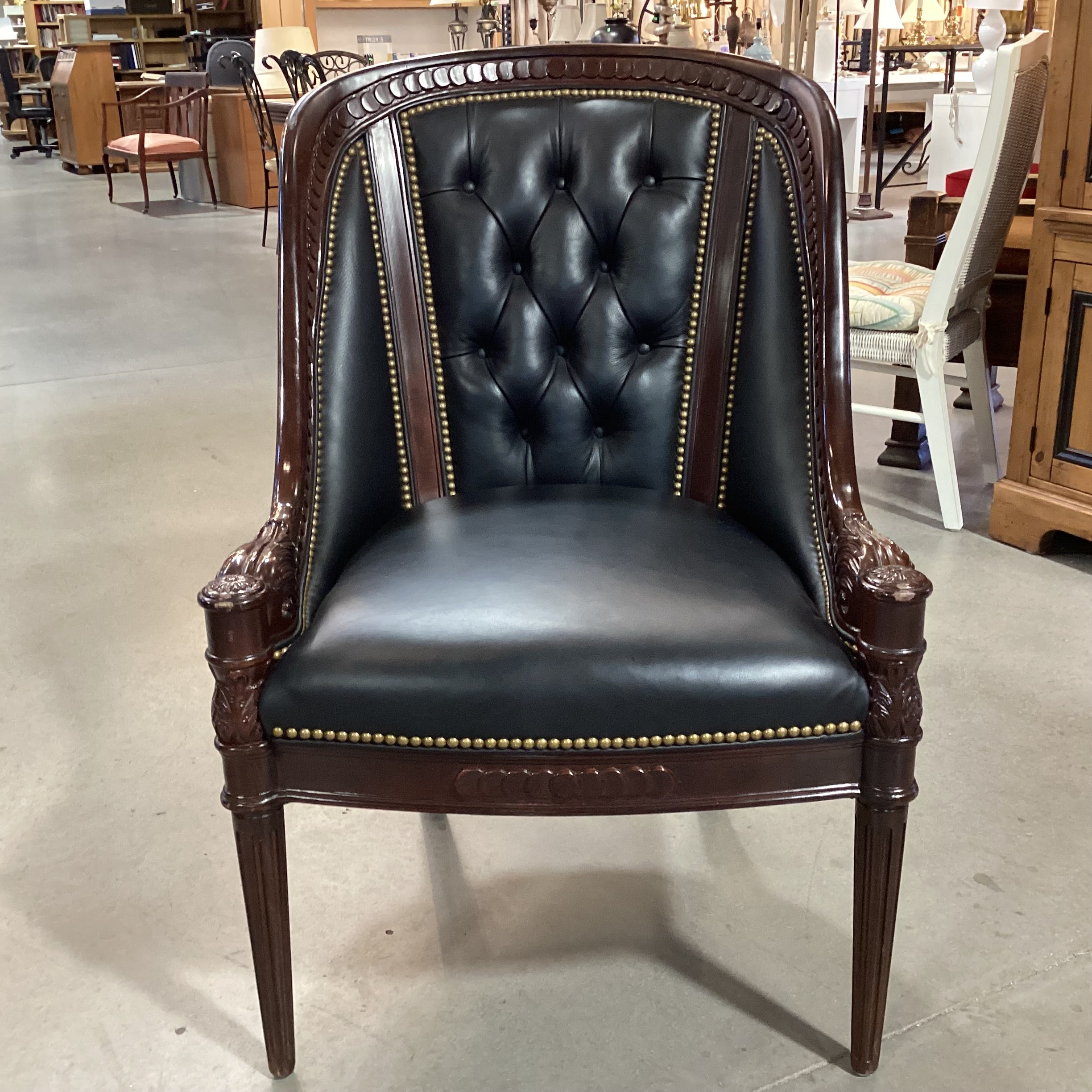 Hancock & Moore Ornate Carved Mahogany Finish Wood Black Leather Tufted Nailhead Chair 27"x 32"x 39"