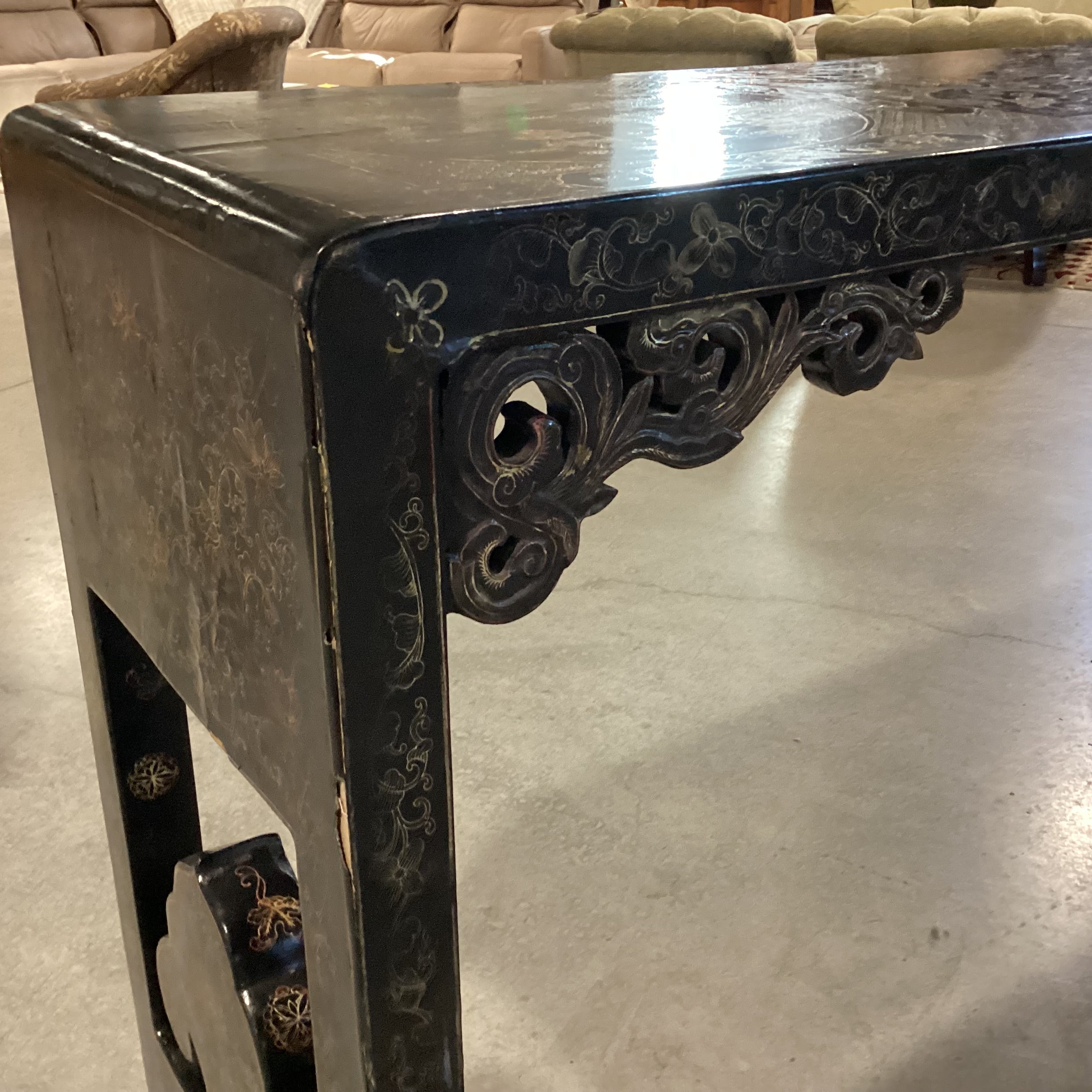 Vintage Chinoiserie Black Lacquer & Gold Hand Painted Console Sofa Table 61"x 16"x 34"