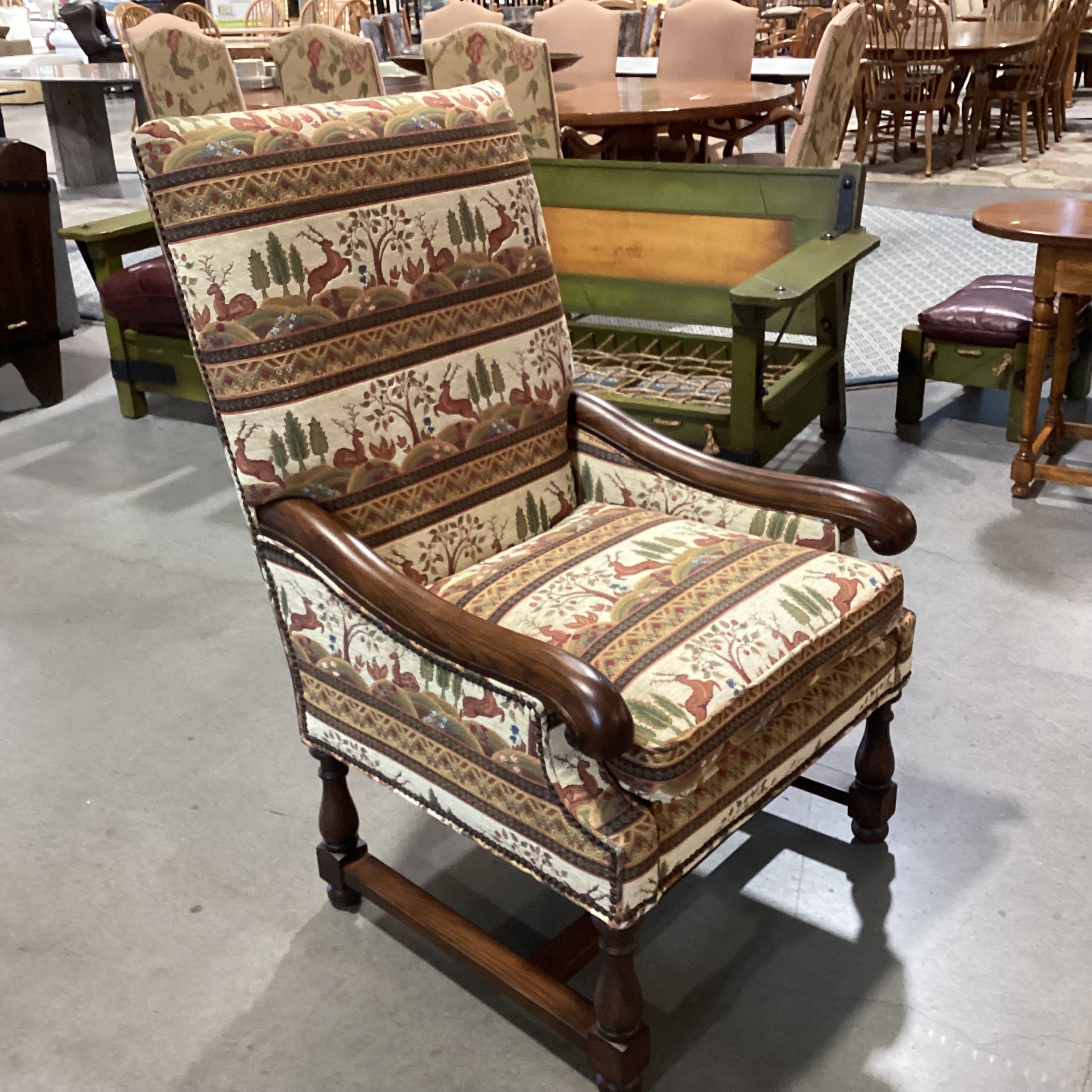 Dindy Foster Interiors Custom Deer Floral Nailhead & Carved Wood Highback Chair 31"x 31"x 47"