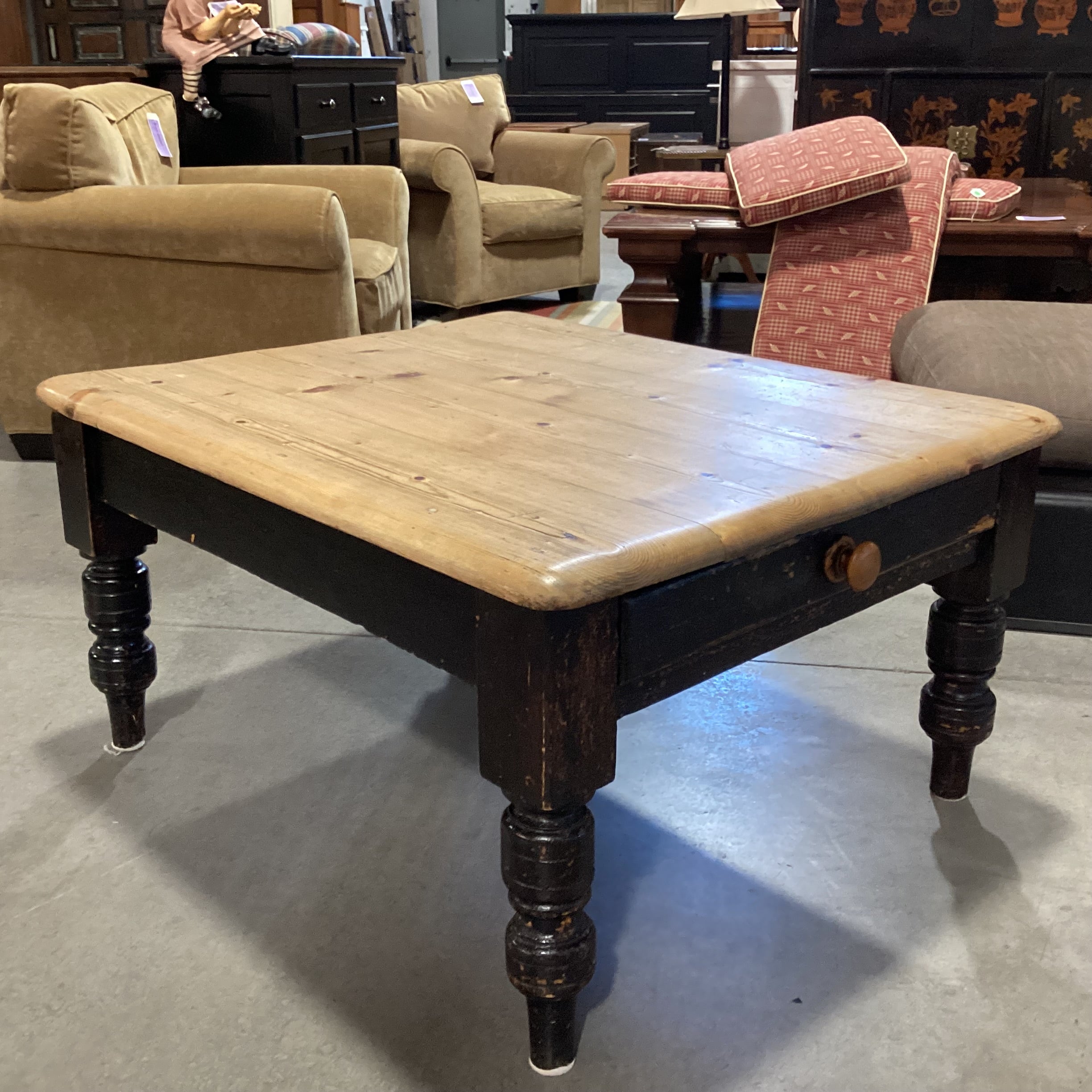 Natural & Black Distressed Pine 1 Drawer Coffee Table 42.5"x 35"x 21.5"