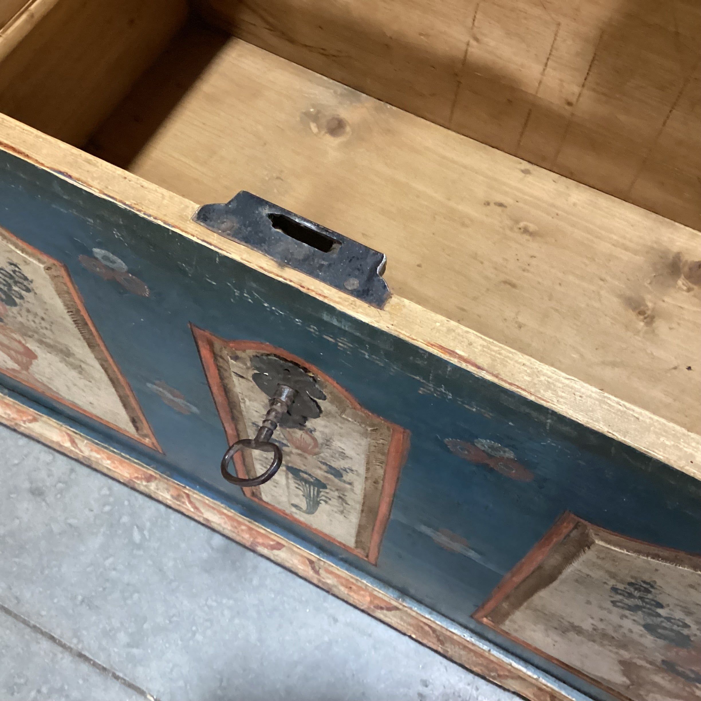 Antique Carved Wood with Hand Painted Floral Panels Trunk 42"x 25"x 23.5"