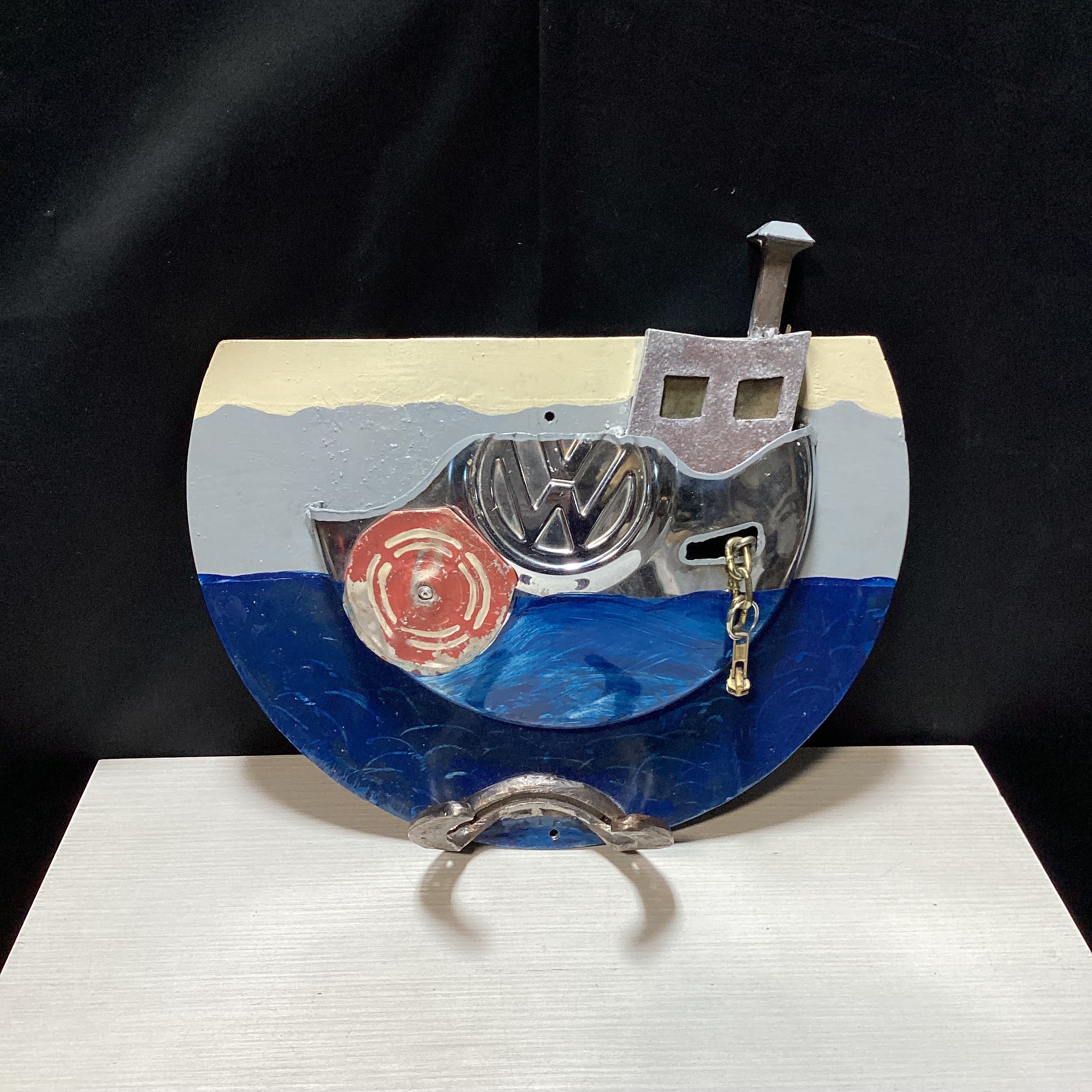 Gwendolyn Signed Handmade Mixed Media VW Fishing Boat Wall Hook 13" x 14"