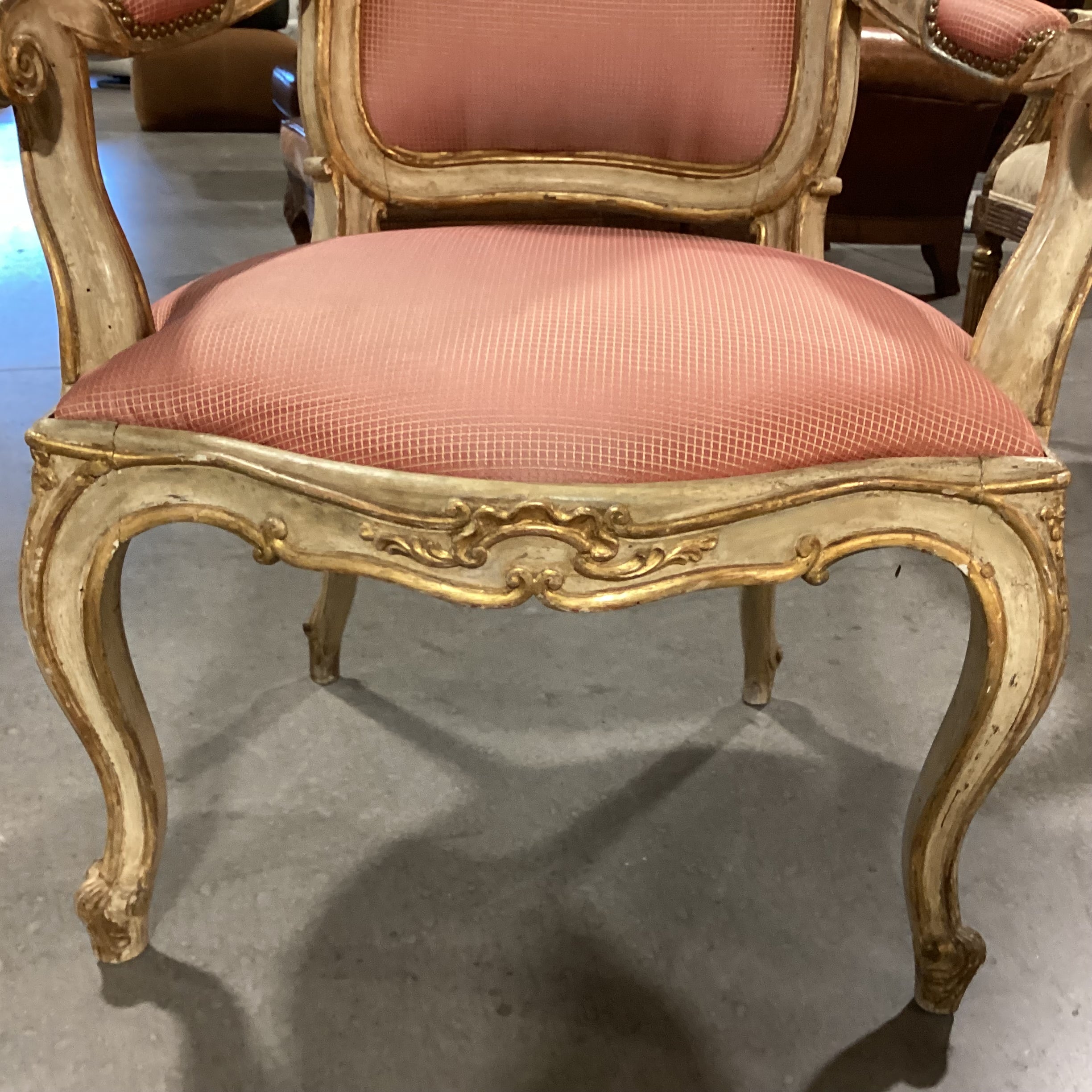 Antique French Provincial Ornate Carved Cream Gold Wood Orange Gold Upholstered Chair 31"x 26"x 41"