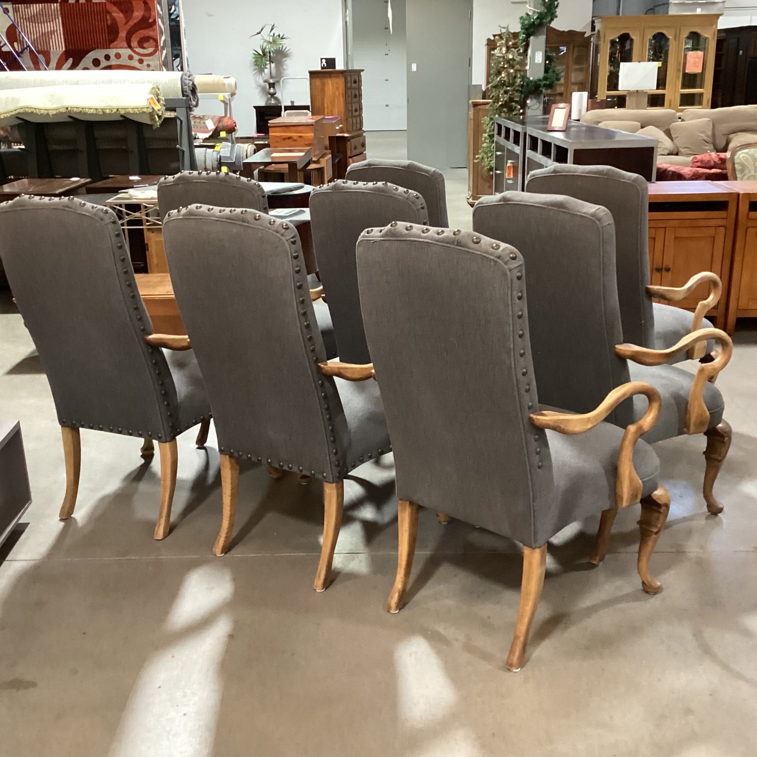 SET of 8 Antique Carved Wood with Reupholstered Grey Wool Blend Dining Chairs 27"x 24"x 43"  Chairs