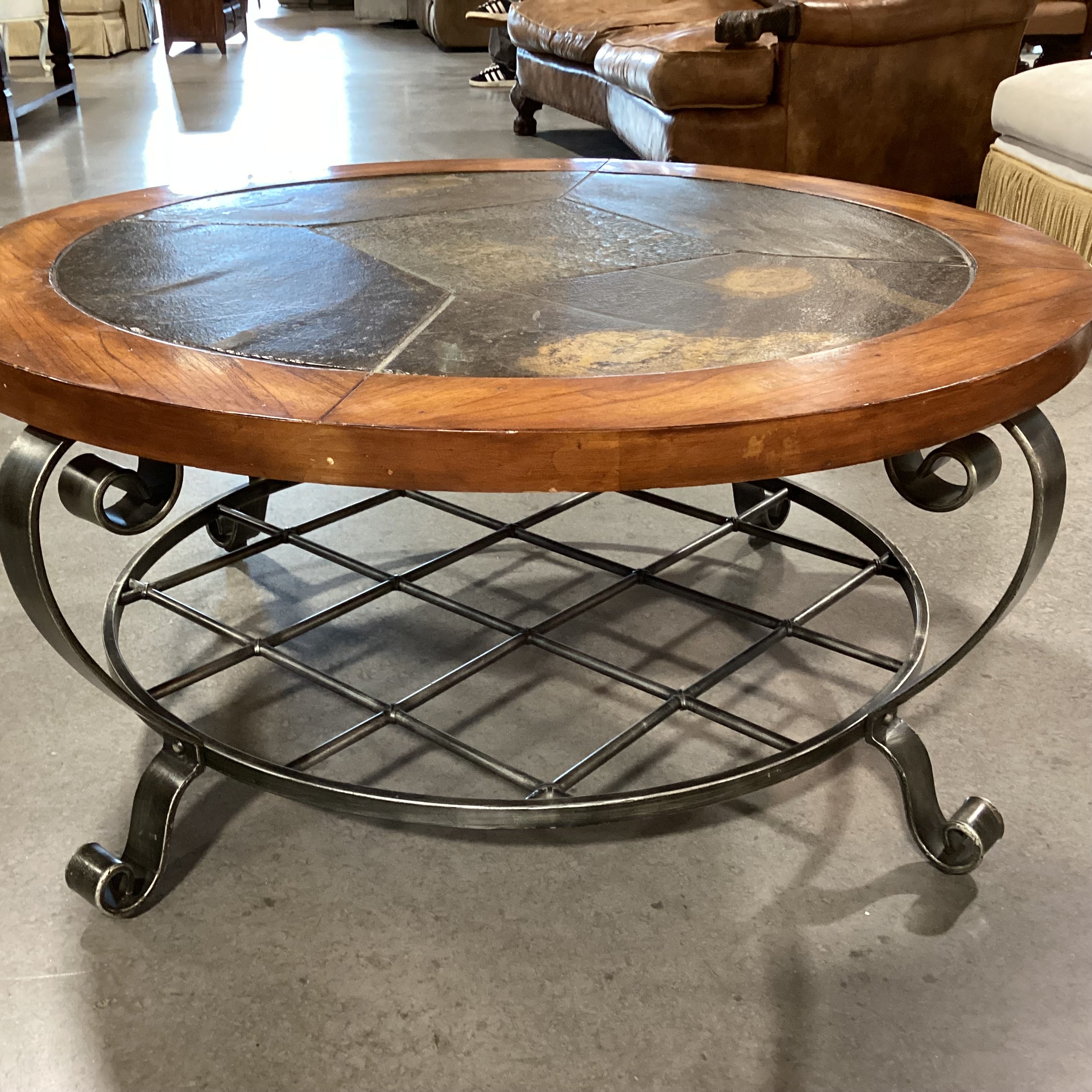 Round Wood Inset Slate Tile & Ornate Metal Base Coffee Table 42" Diameter x 20"