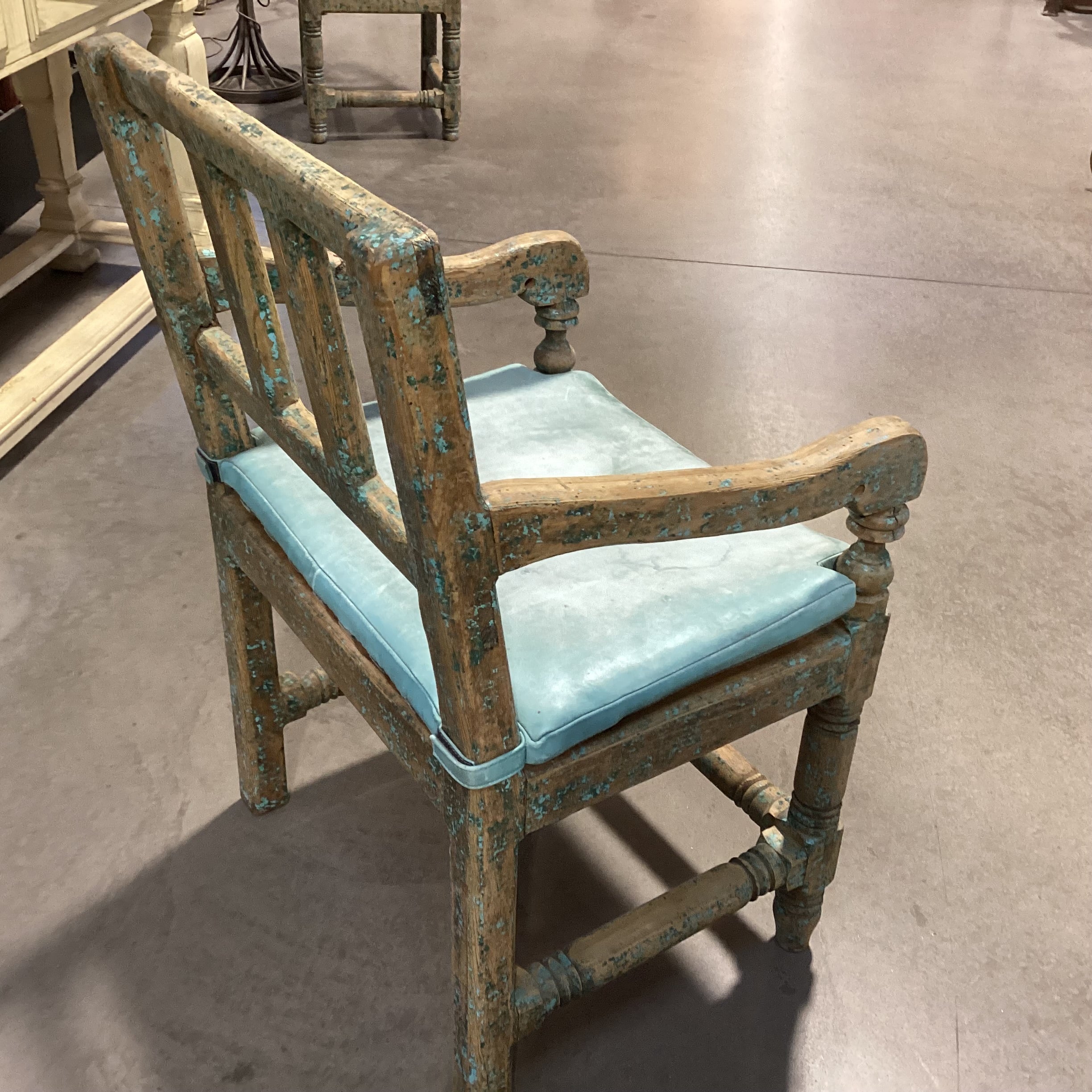 Santa Fe Style Carved Wood with Teal Distressing & Leather Cushion Chair 22.5"x 22"x 37"