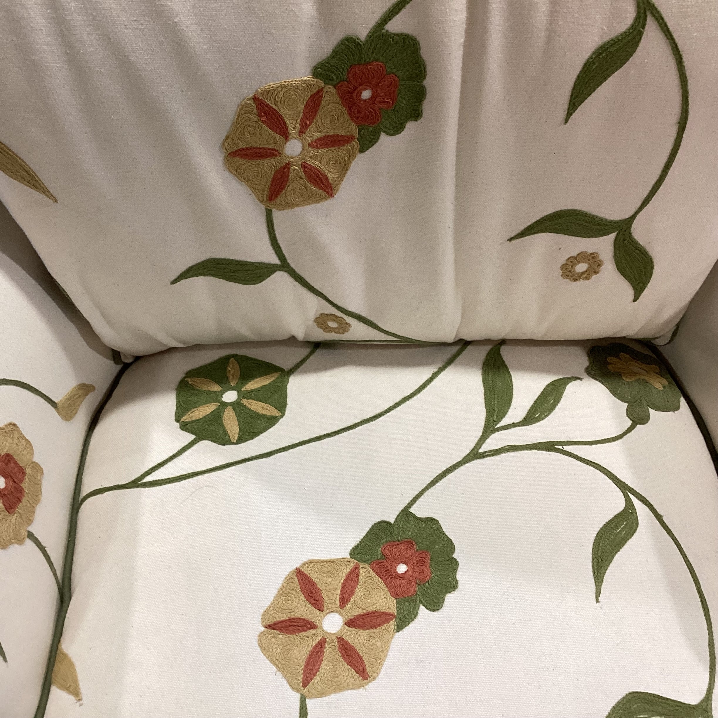Dindy Foster Interiors Custom Cream with Embroidered Applique Green Gold Rust Floral Chair 35"x 40"x 32"