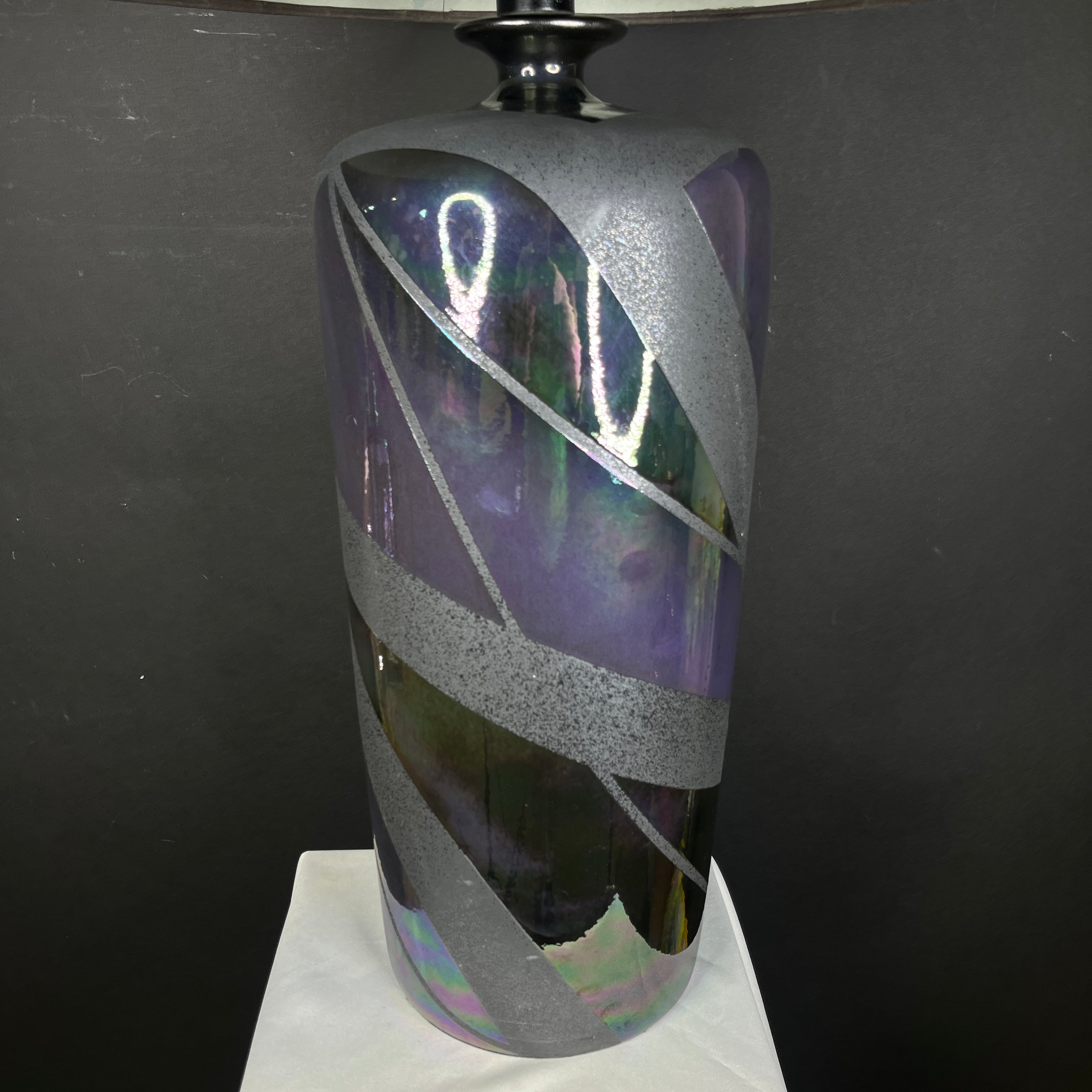 Casual Lamps 88’ Post Modern Style Iridescent and Speckled Black/Gray Geometric Pottery with Shade Table Lamp 19.5” Diameter @ Shade x 38”