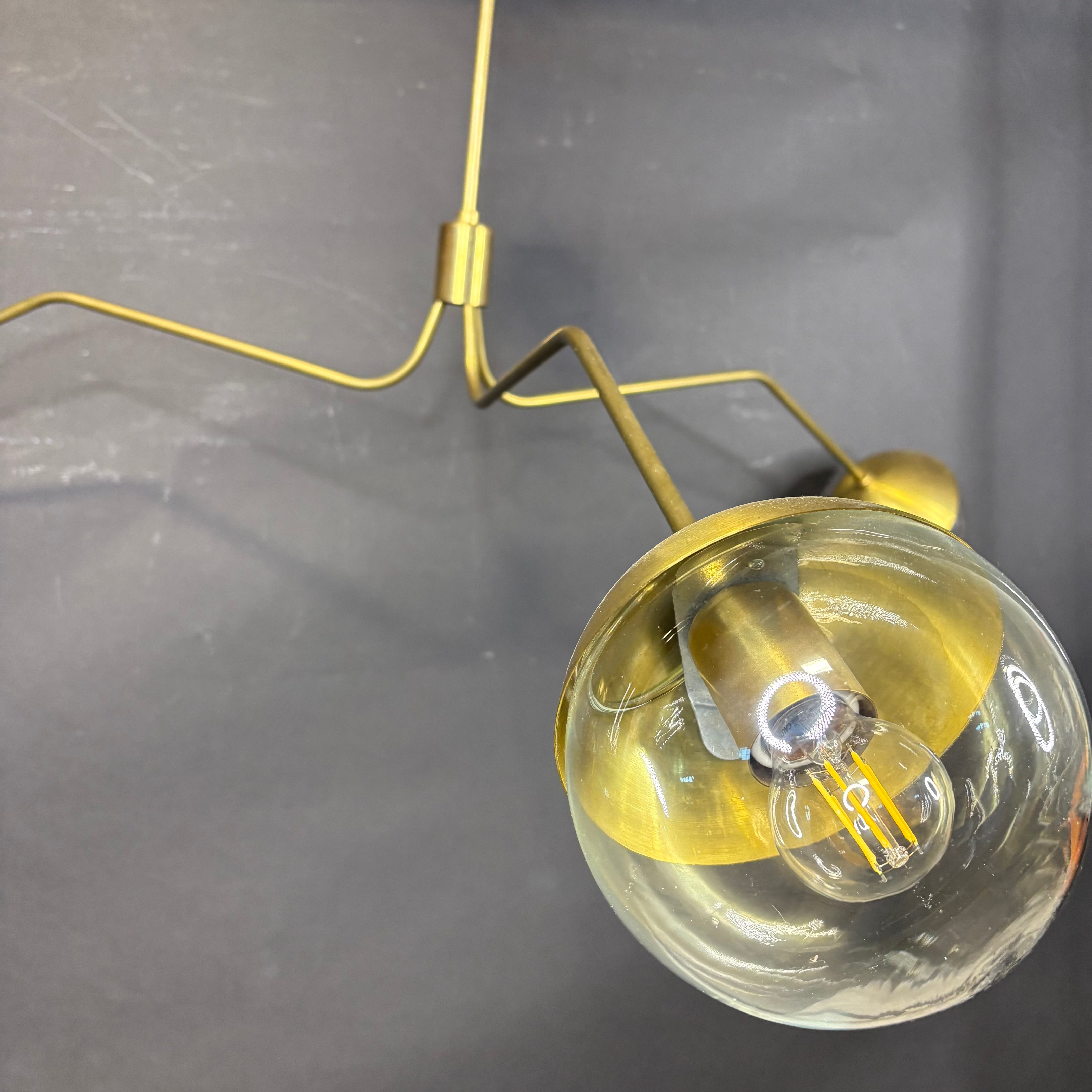 Seven Home Custom 3-Light Mid-Modern Antiqued Brass and Glass Chandeliers 50”x 38”x 24”