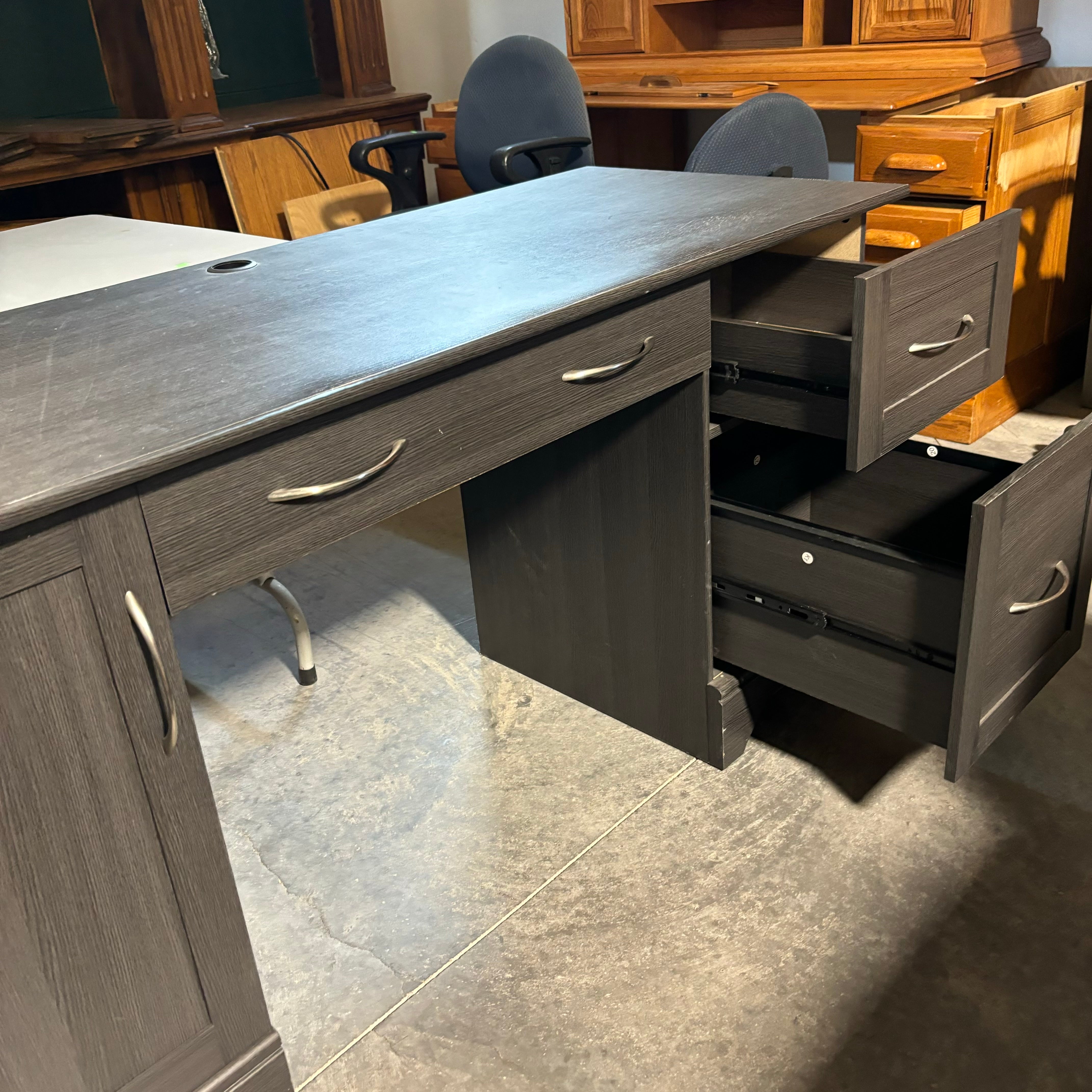 Dark Grey Veneer 3 Drawer 1 Door Desk 59.5"x 23.5"x 30"