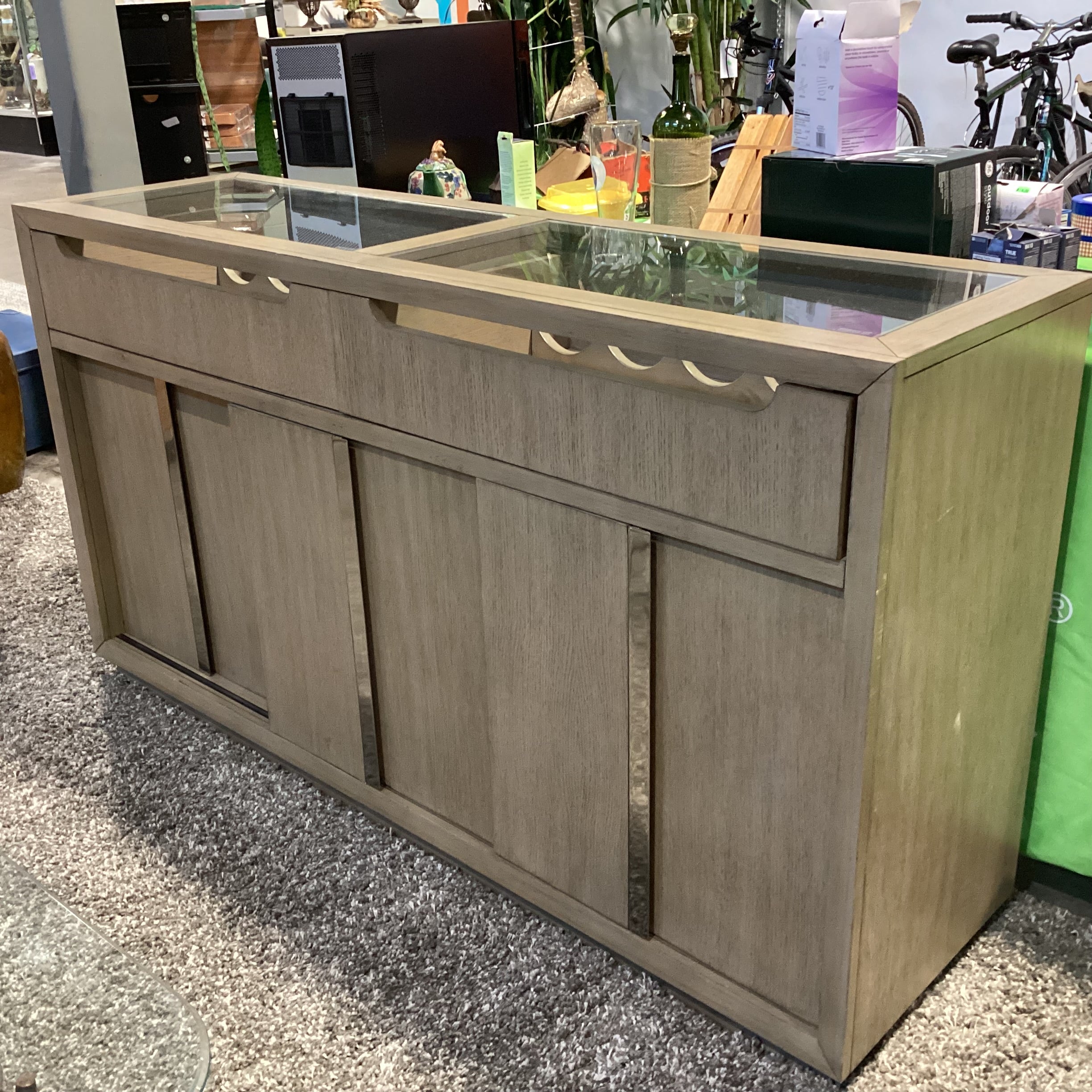 Klaussner Olive Grey Tone Finish Sliding Doors & 2 Wine Drawers with Glass Top Server Sideboard 65"x 18"x 36"