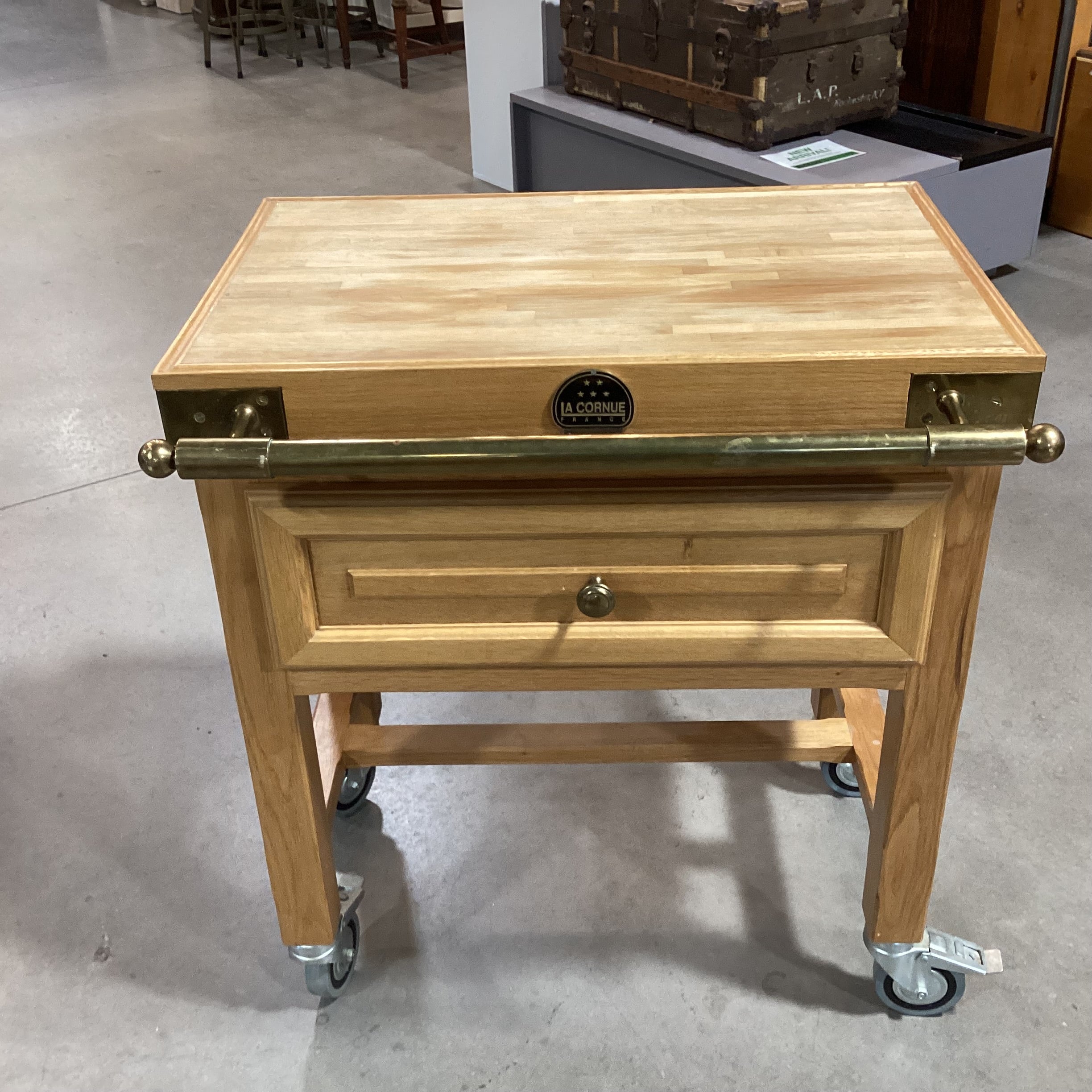 La Cornue Butcher Block & Brass on Casters 1 Drawer Cutting Board Island Buffet 28"x 25"x 32.5"