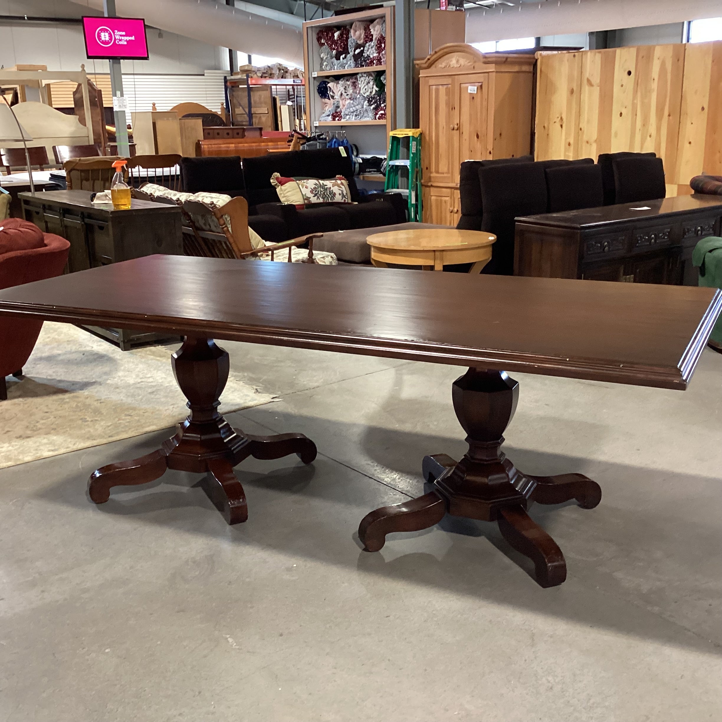 Dark Finish Wood with Carved Double Pedestal Dining Table 96"x 42"x 31"