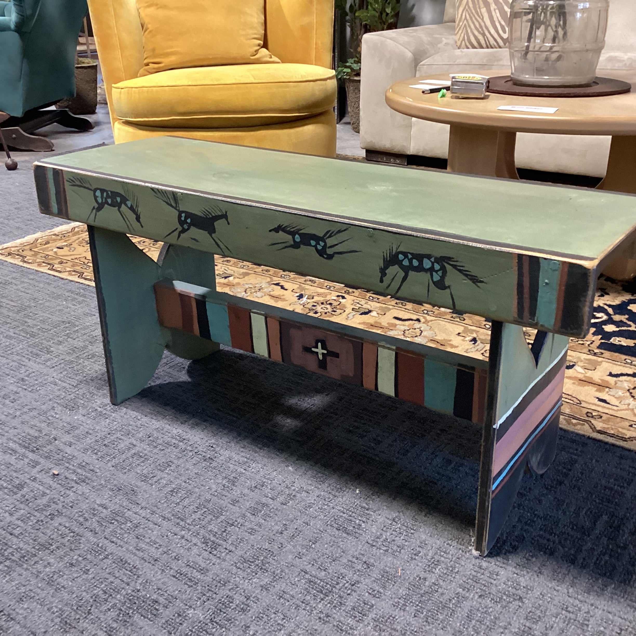 Southwest with Horses Green Rust Black Wood Bench 36"x 12.5"x 17"