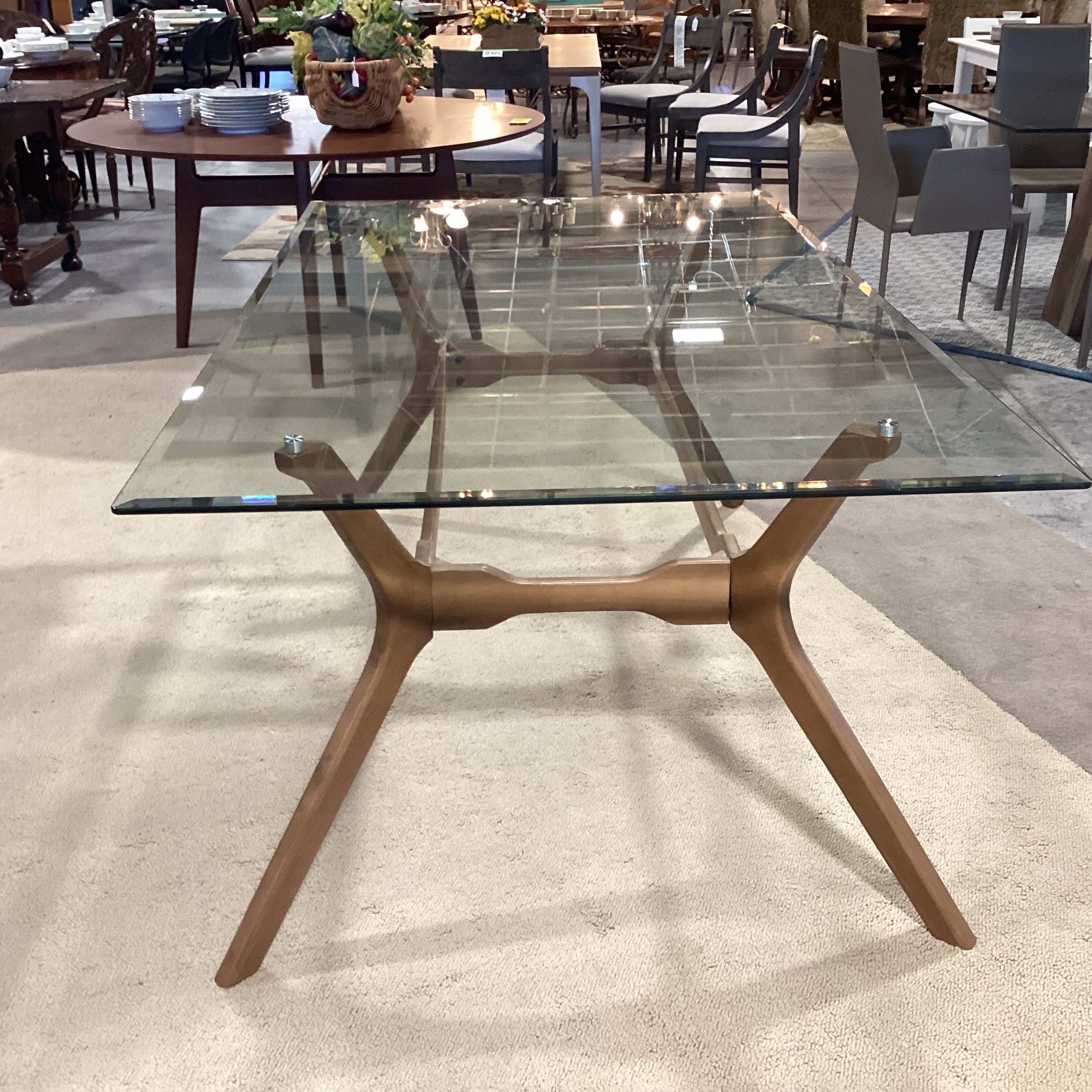 Mid Century Style Wood Base & Glass Dining Table 72"x 42"x 29.5"
