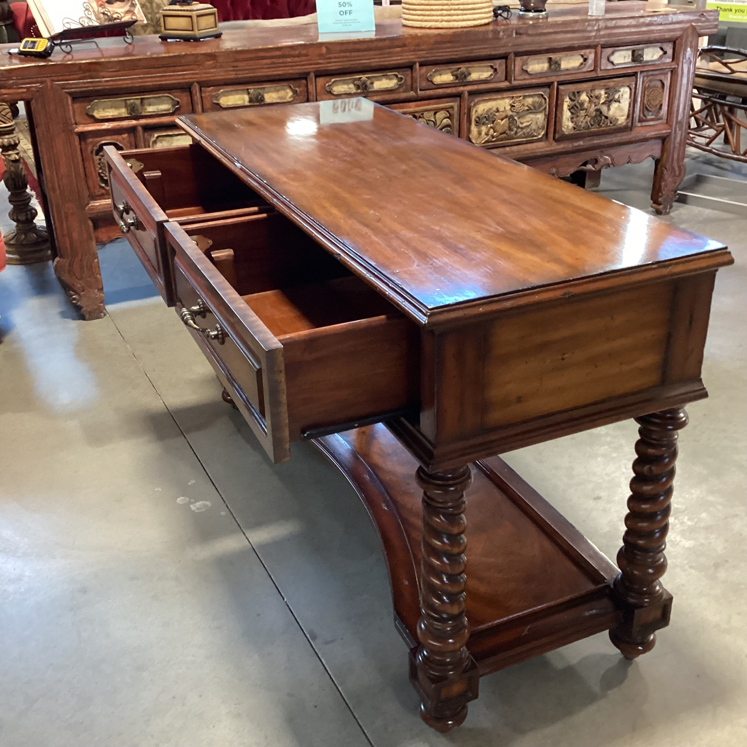 Maitland Smith Ornate Carved Wood 2 Drawer Console Sofa Table 55"x 20"x 33"