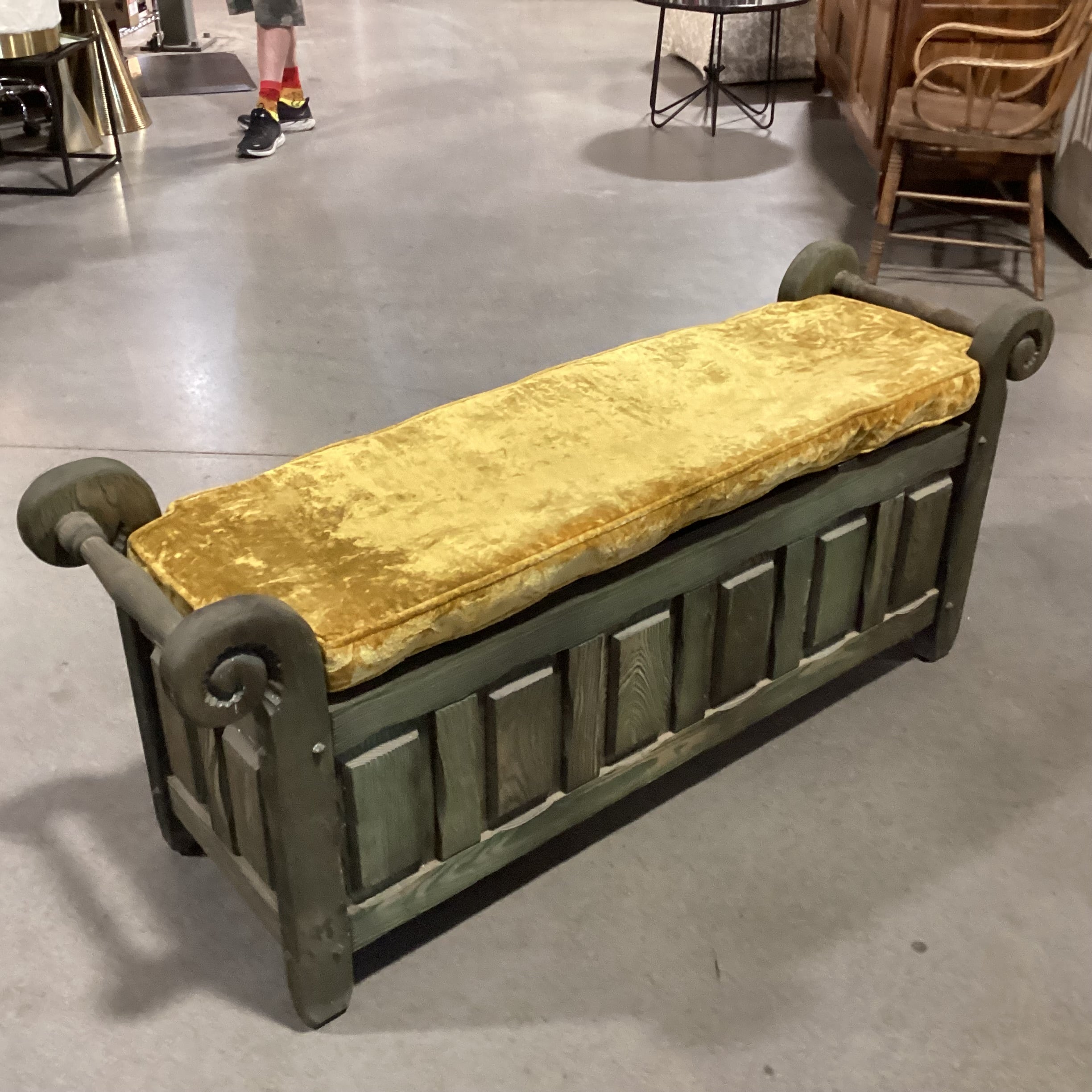 Vintage Green Washed Carved Oak & Gold Crushed Velvet Cushion Storage Bench 56"x 16.5"x 24"