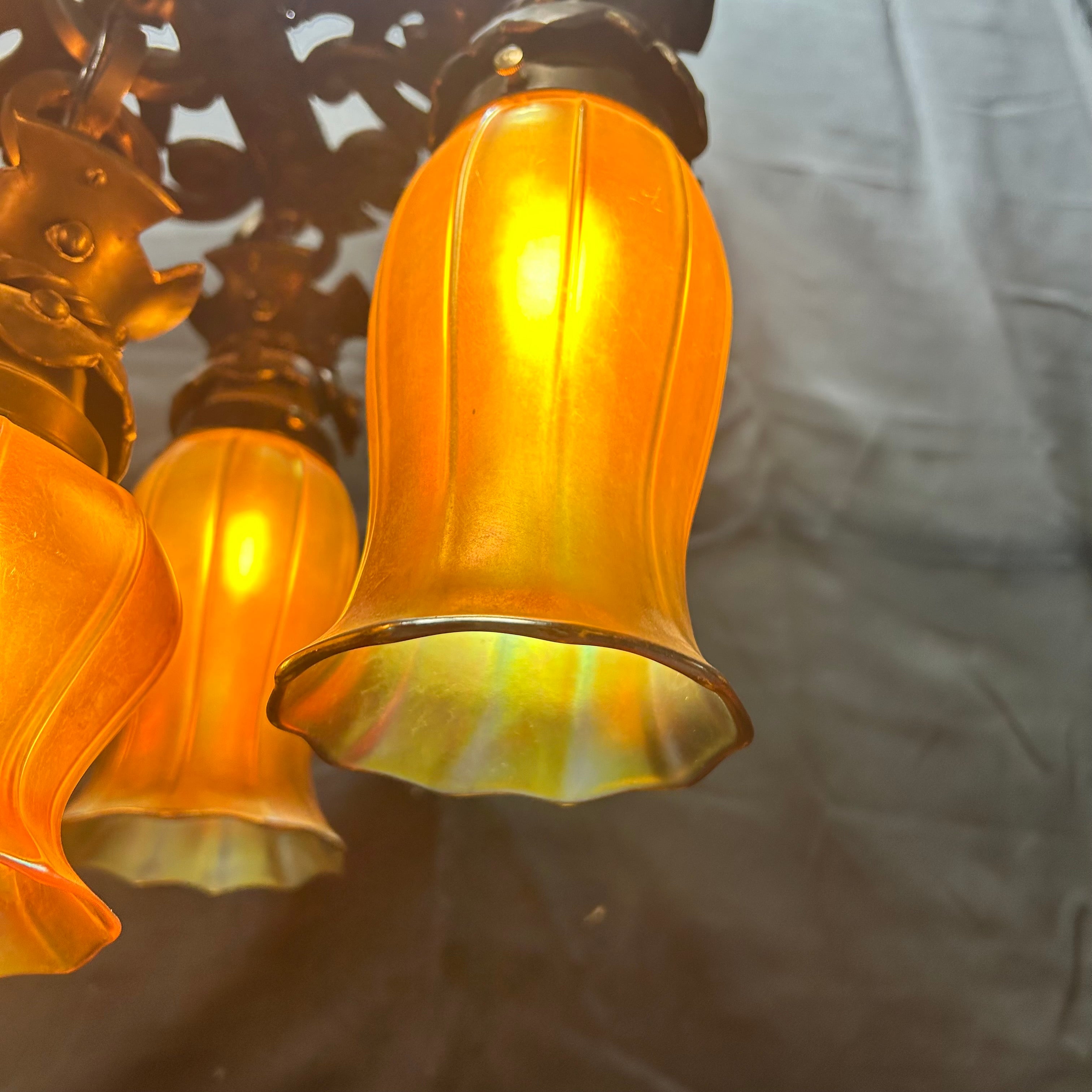 Caldwell Lighting Circa 1905 Cast Iron With 4 Steuben & 1 Quezal Iridescent Glass Shades Flush Mount 15"x 12.5"ades
