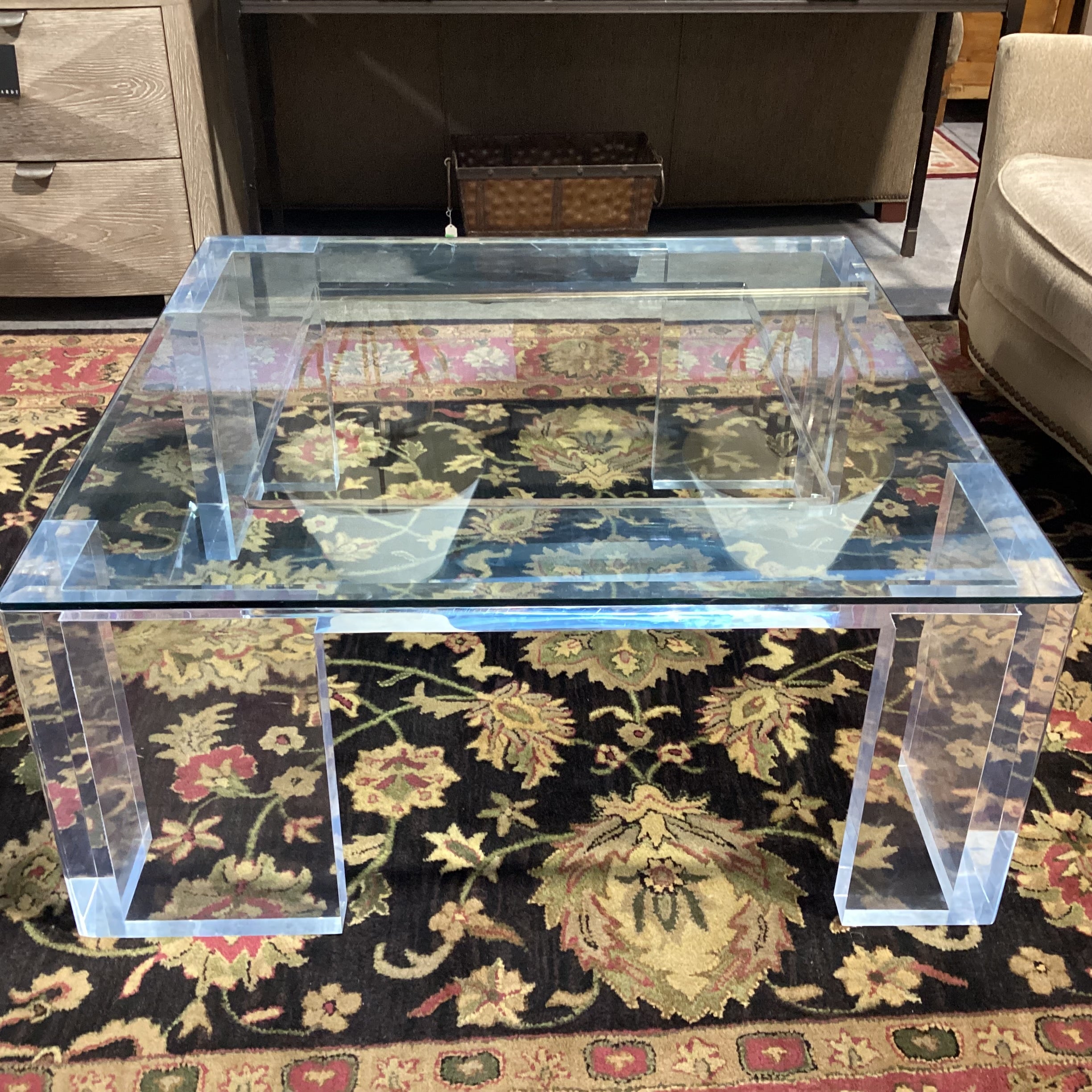 Modern Lucite & Glass Coffee Table 42"x 42"x 19"