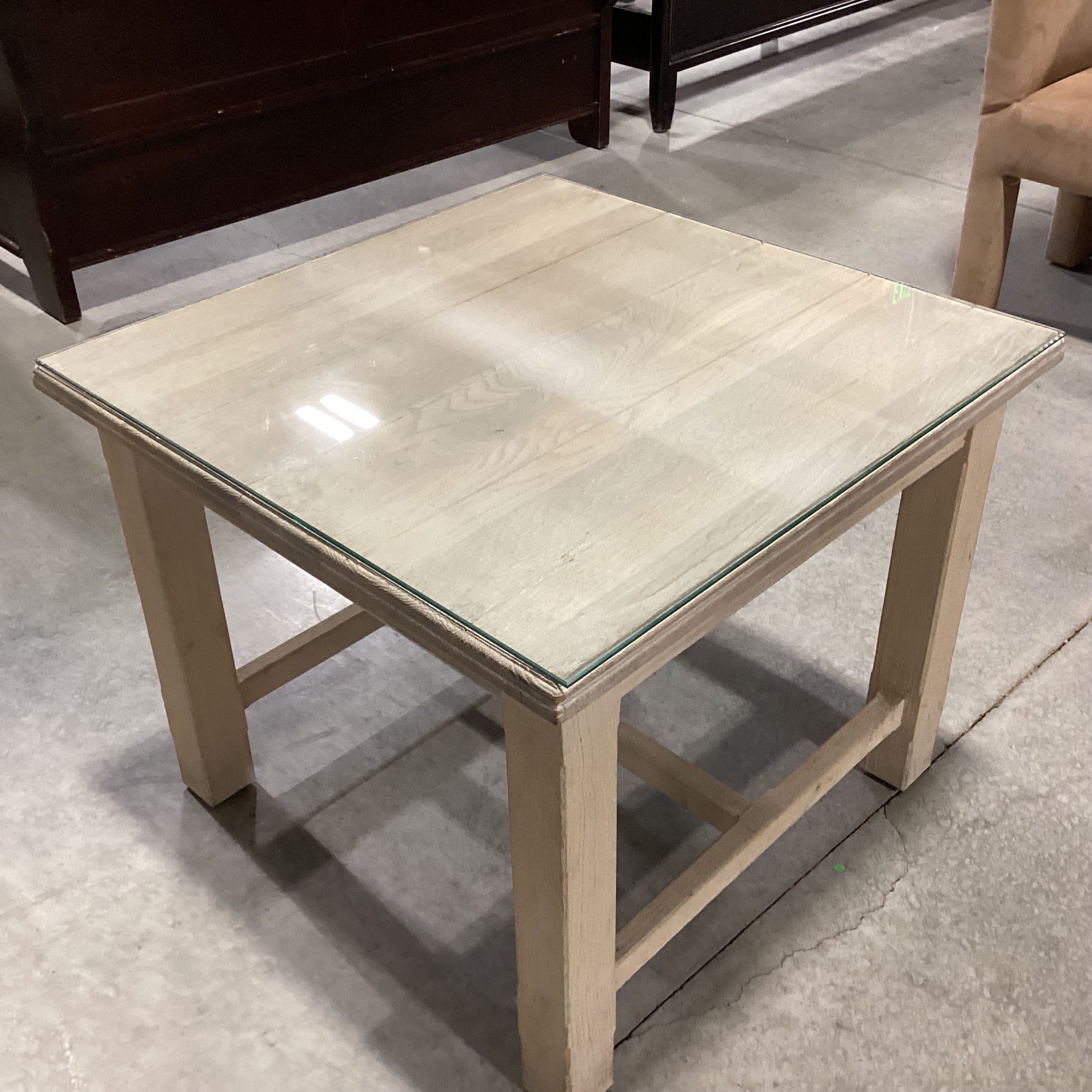 Natural Washed Wood with Glass Top End Table 30"x 30"x 19"