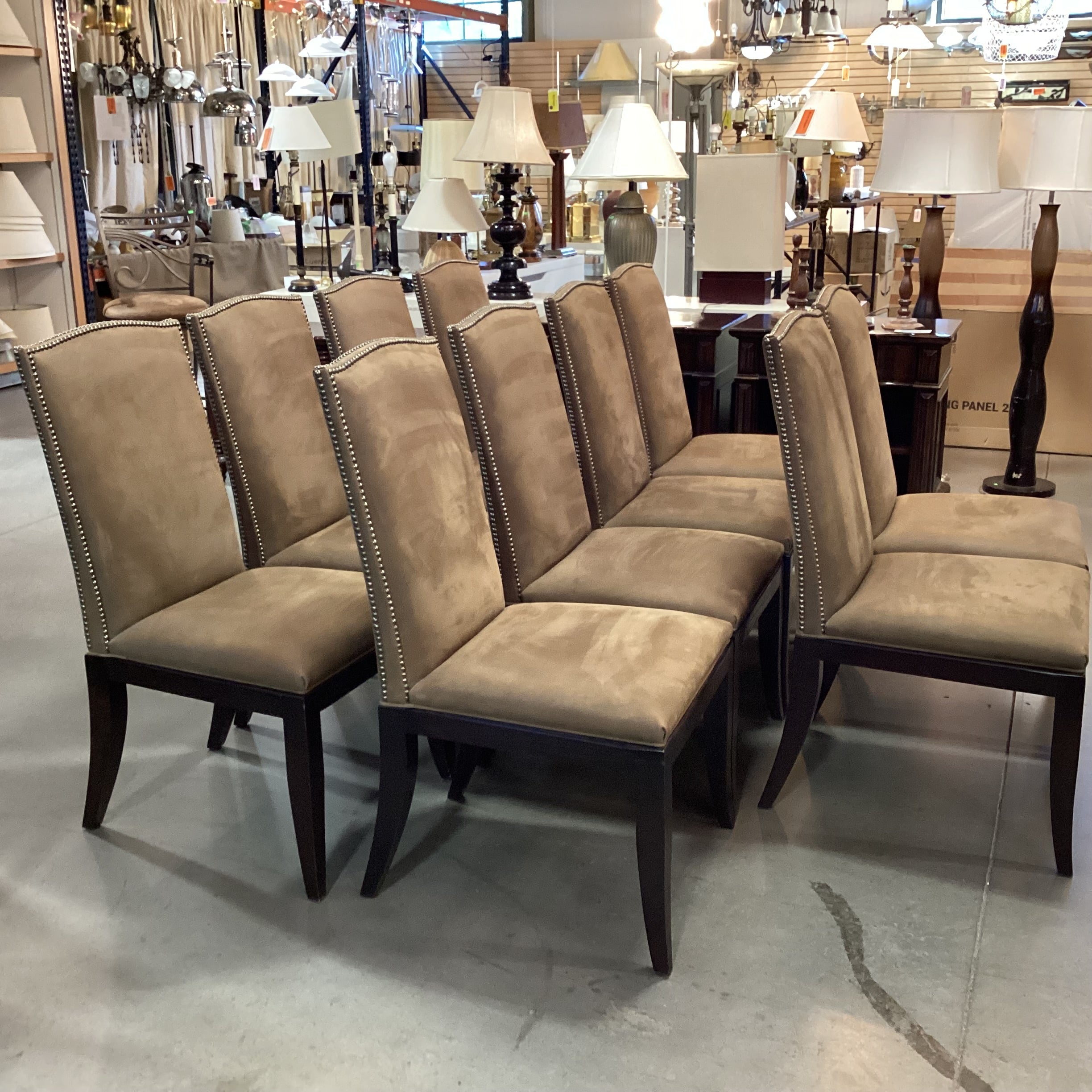 SET of 10 Hickory Chair Co Chelsea Brown Suede Nailhead & Dark Finish Wood Dining Chairs 22"x 25"x 42"