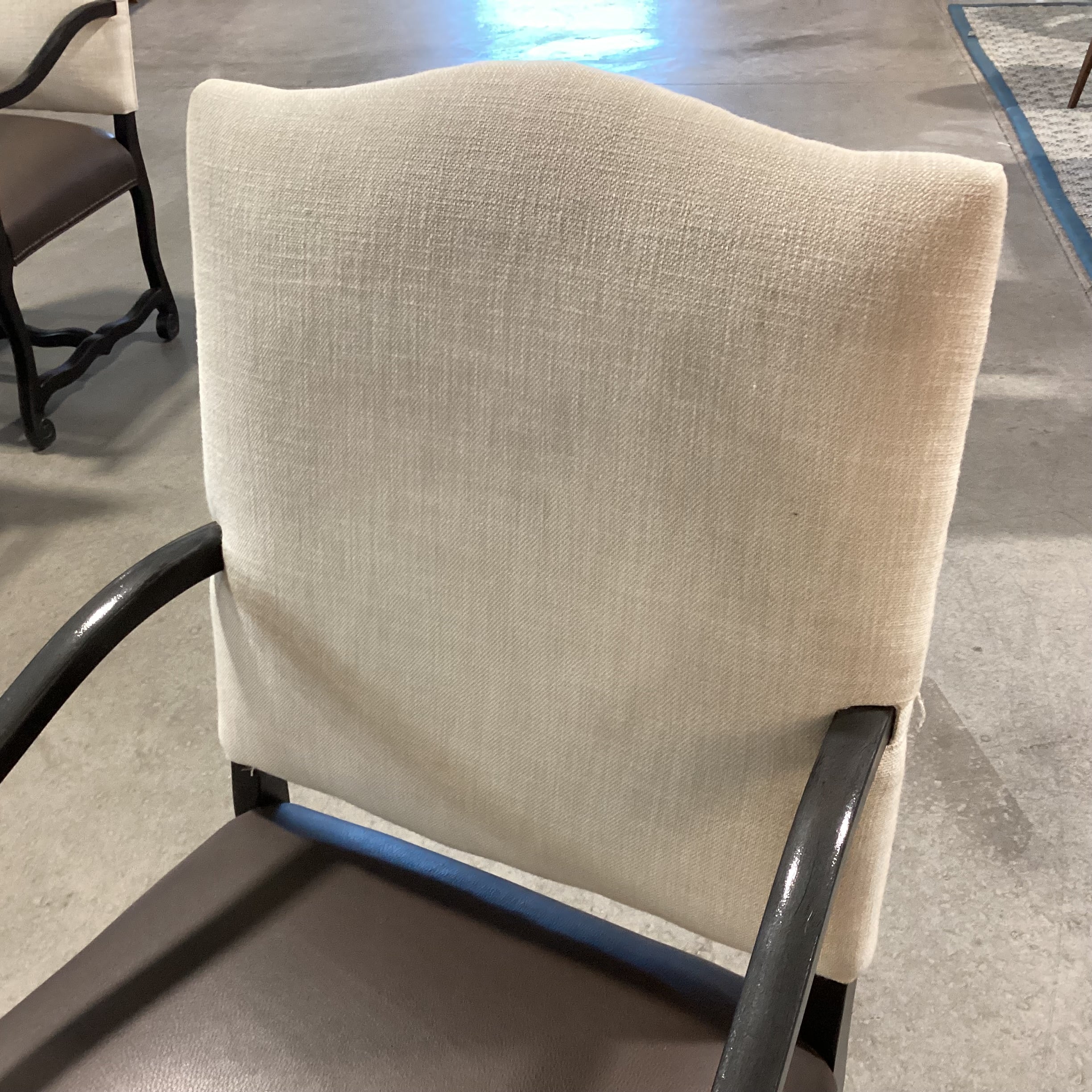 Black Carved Wood Leather Seat & Linen Nailhead Armed Dining Chair 25"x 26"x 42"