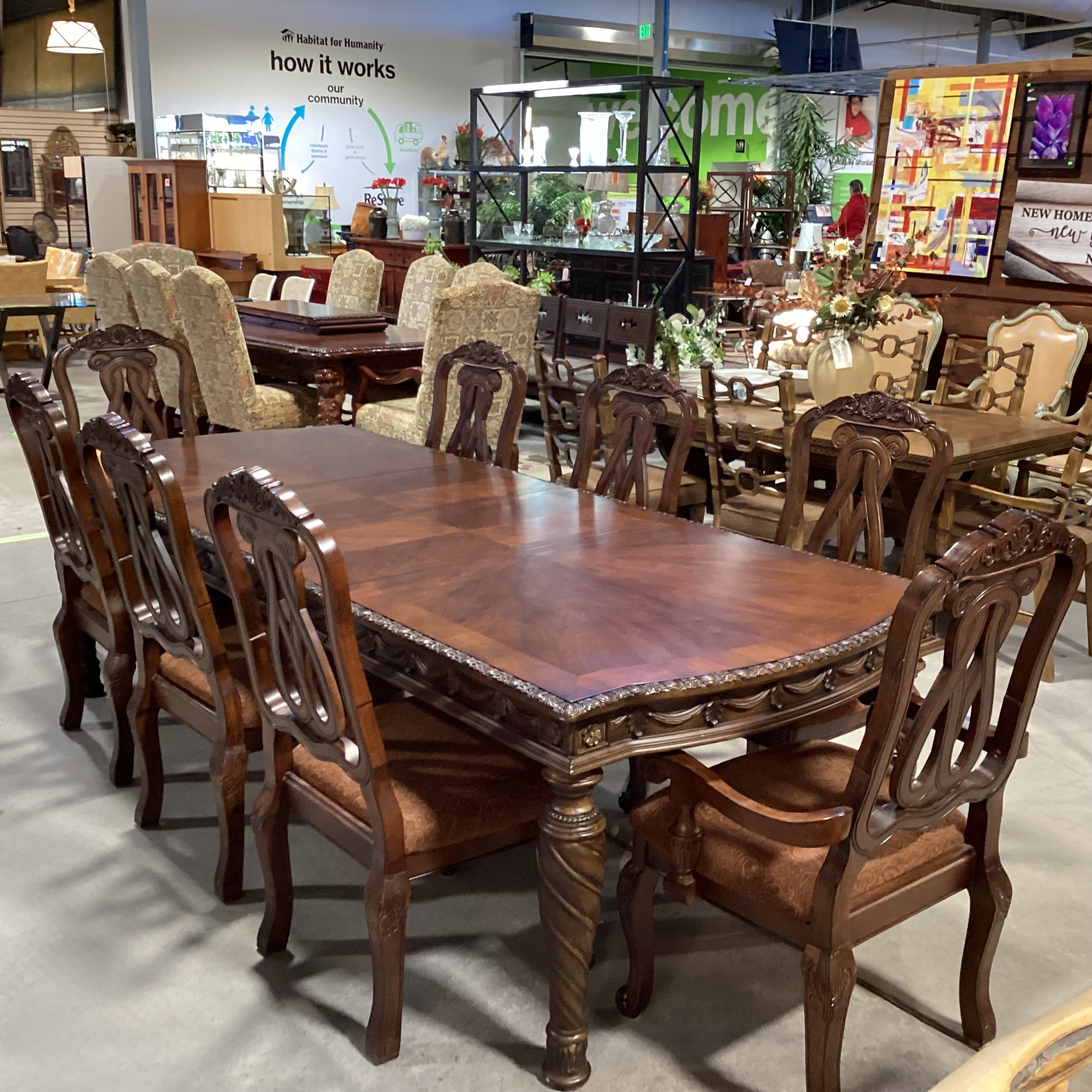 Ashley Furniture North Shore Ornate Carved Wood 2 Leaf Table with 8 Chairs Dining Set 108"x 44"X 31"