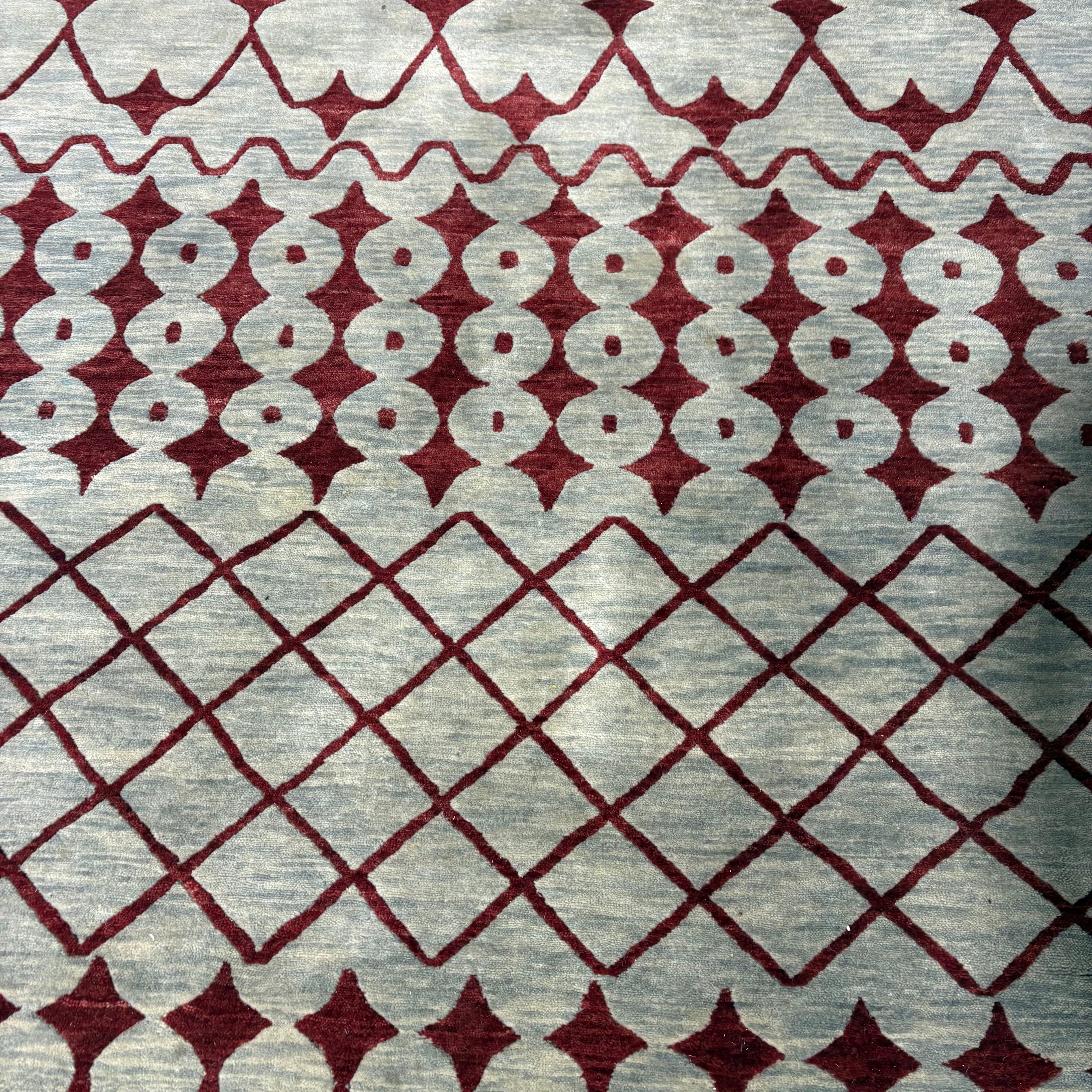 Isberian Custom Grey and Red Geometric Woven Wool Rug 10' x 13'