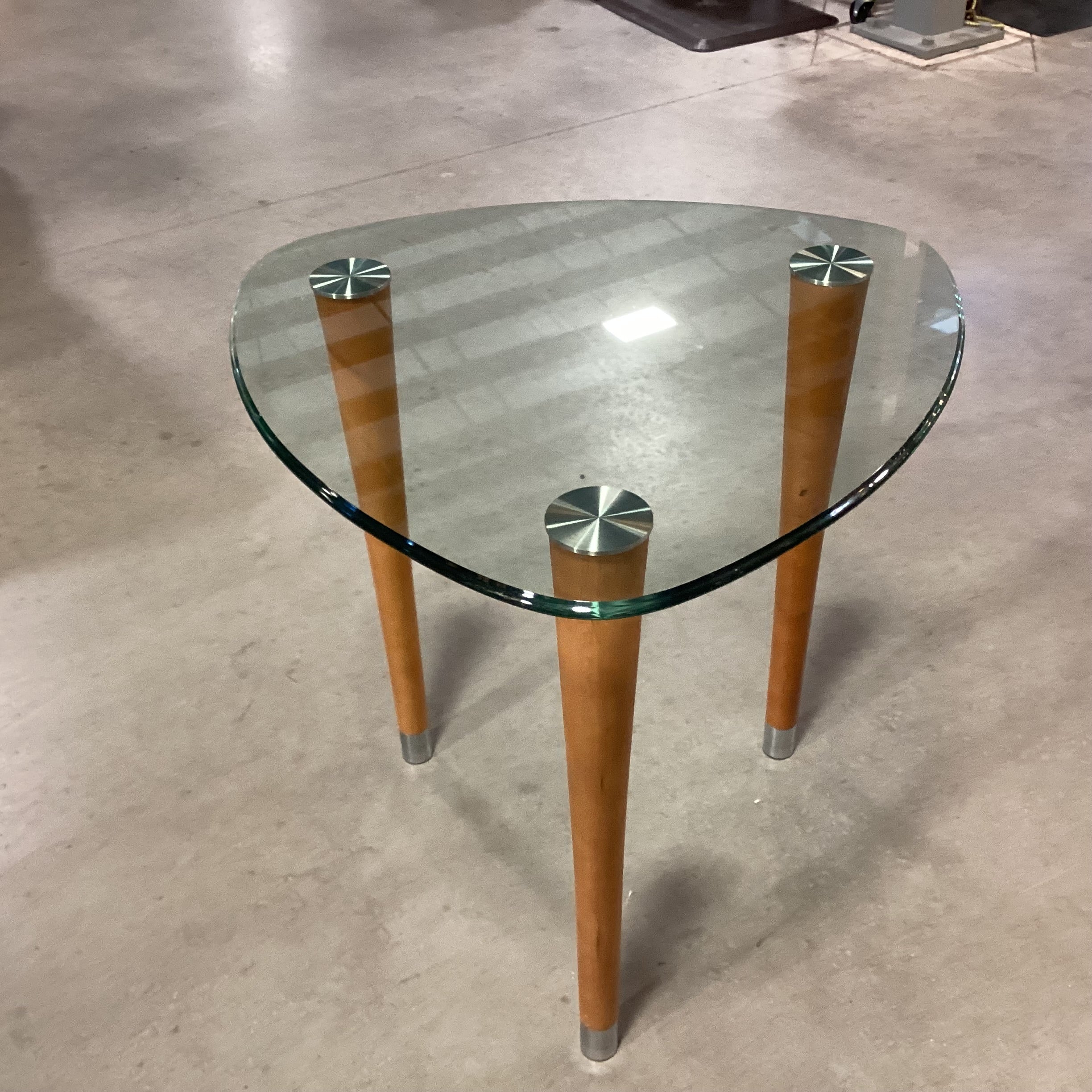 Modern Triangle Glass & Wood Legs End Table 26"x 26"x 26"