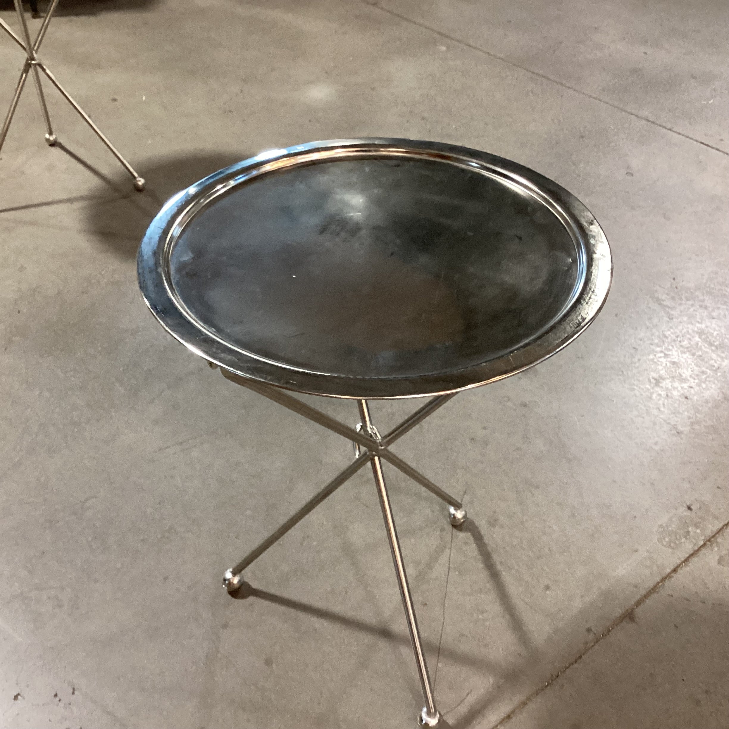 Vintage Folding Silver Plated Tripod Tray Accent Table 18" Diameter x 24"