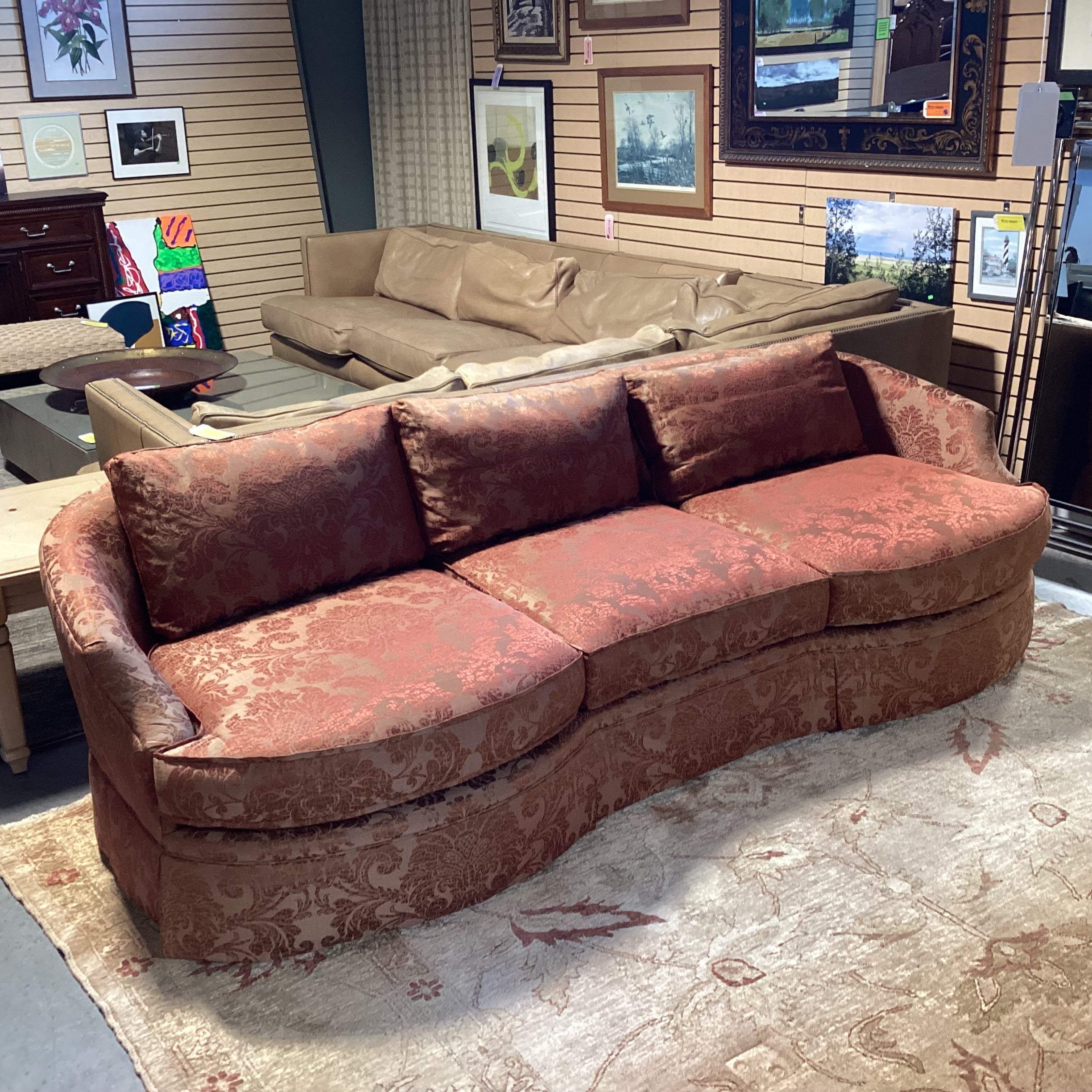 Custom Golden Burnt Orange Ornate Silky Metallic Floral Down Mix Curved Sofa 107"x 44"x 32"
