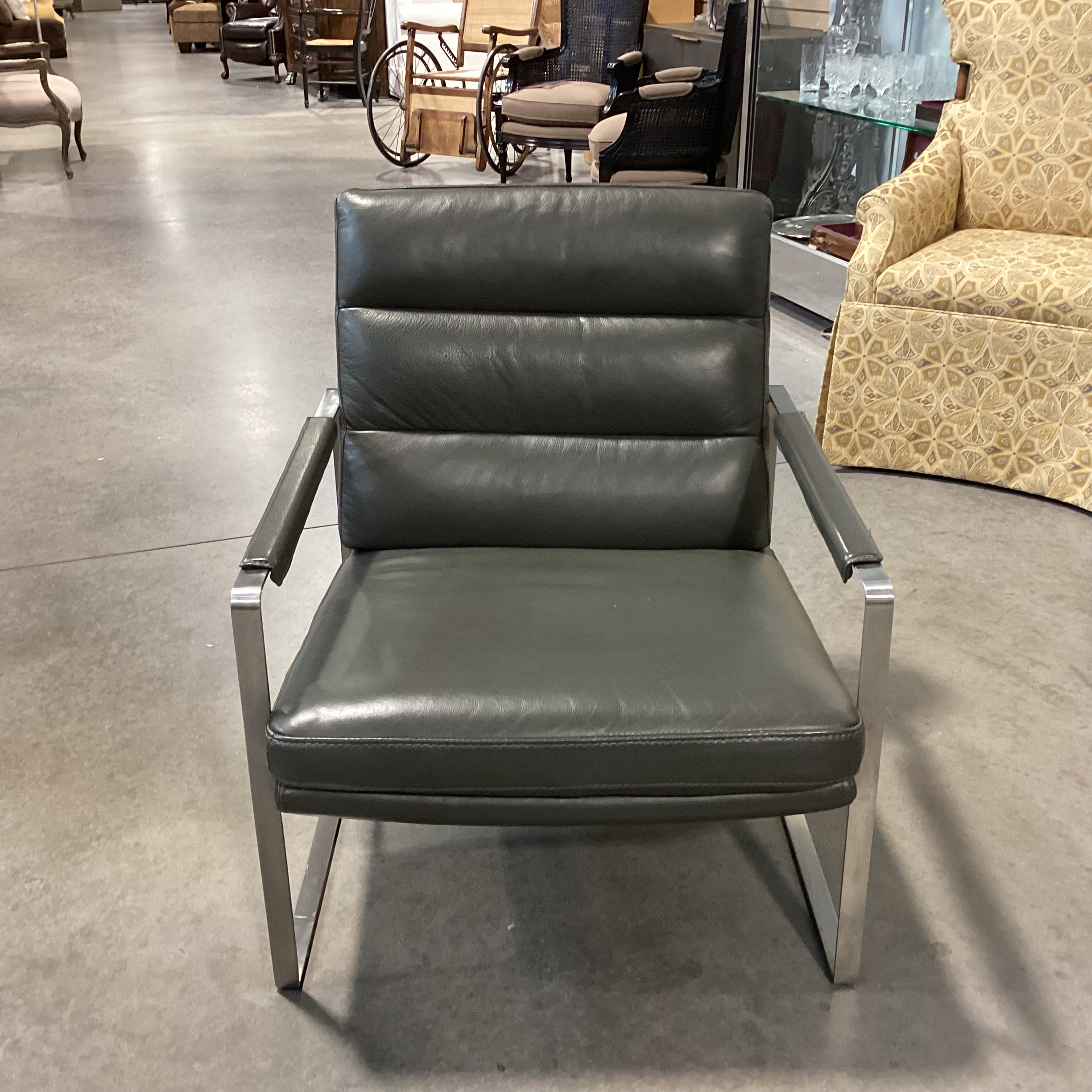 Violino Furniture Olive Grey Leather & Chrome Stainless Mid Century Modern Style Lounge Chair 28"x 32"x 32"