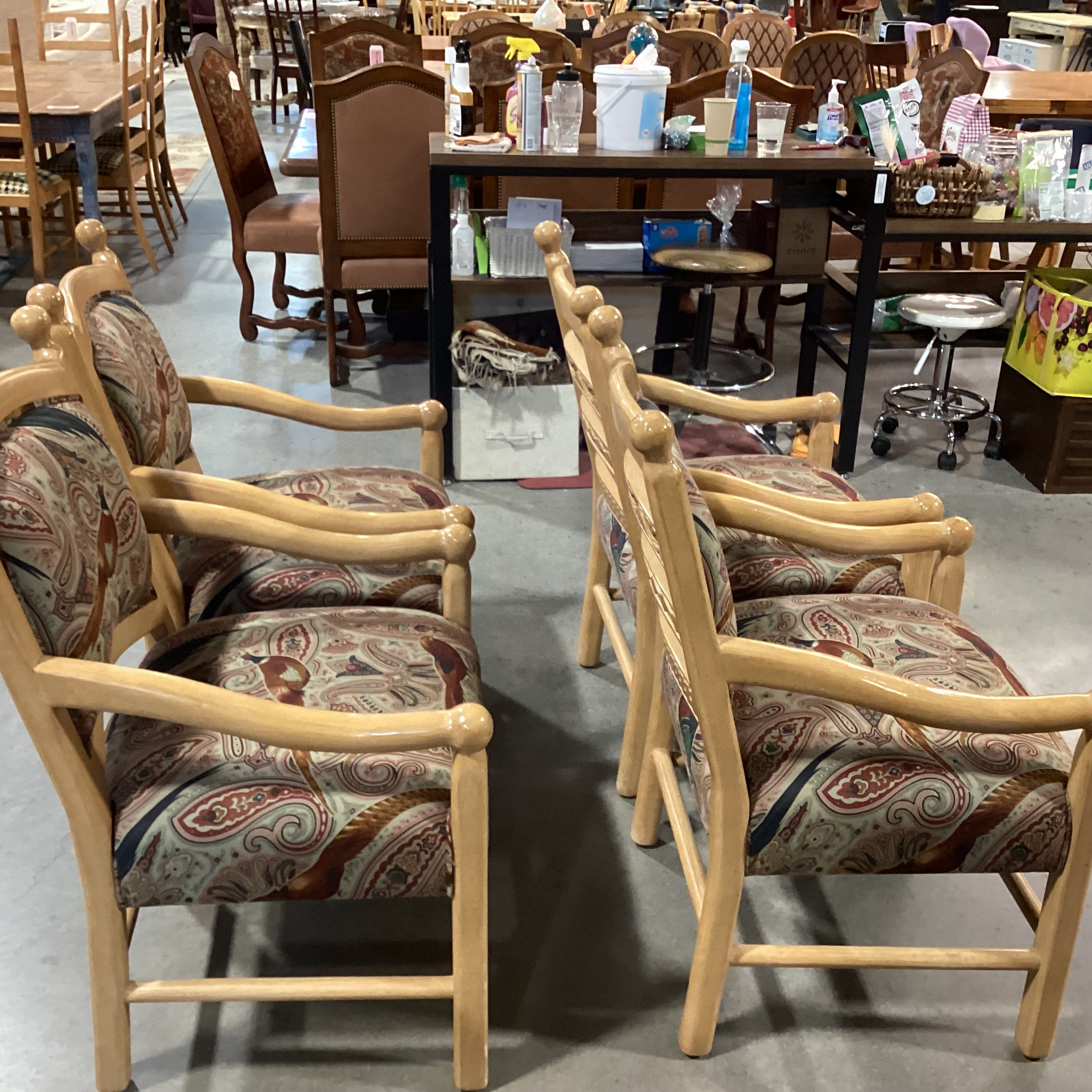 SET of 4 Beverly Interiors Custom Carved Wood & Rust Teal Pheasant Upholstered Armed Dining Chairs 24"x 25"x 39"