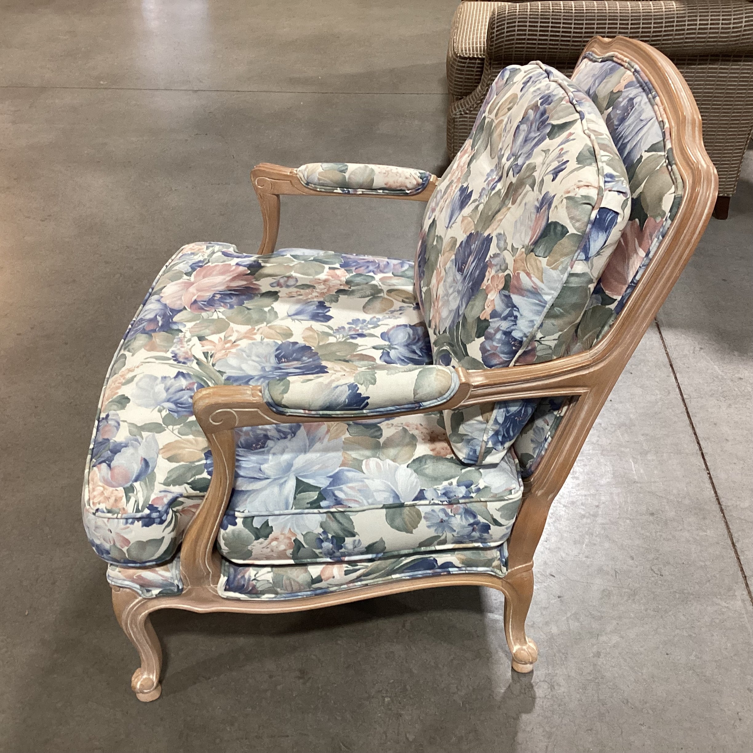 White Washed Carved Wood & Blue Floral Chair 30"x 32'x 35"