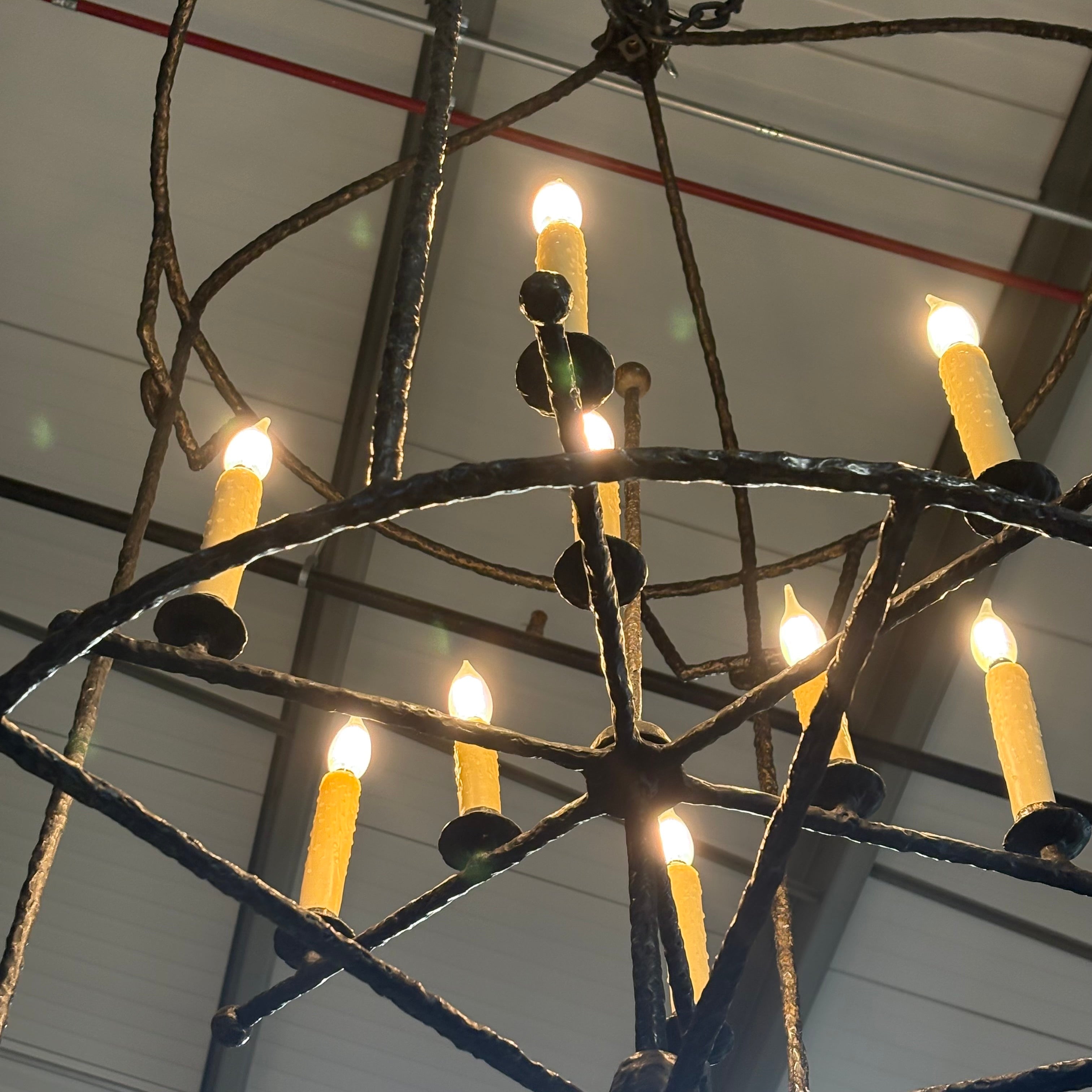 Rustic Oversized 12-Light Texture Iron Lantern Chandelier