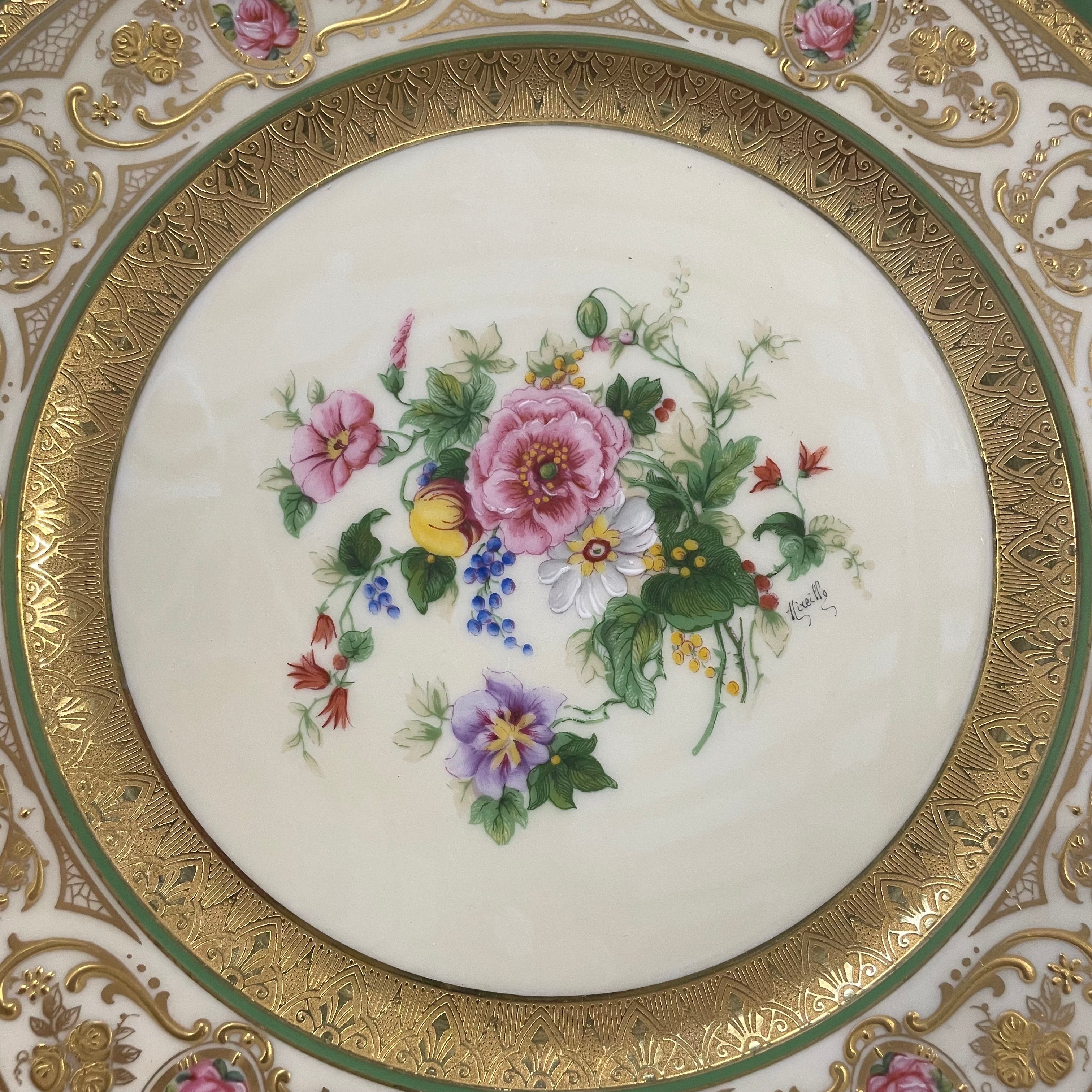 Set of 10 Antique Ahrenfeldt 10.75" Gold Encrusted Handpainted Porcelain Dinner Plates/Chargers, Made in France
