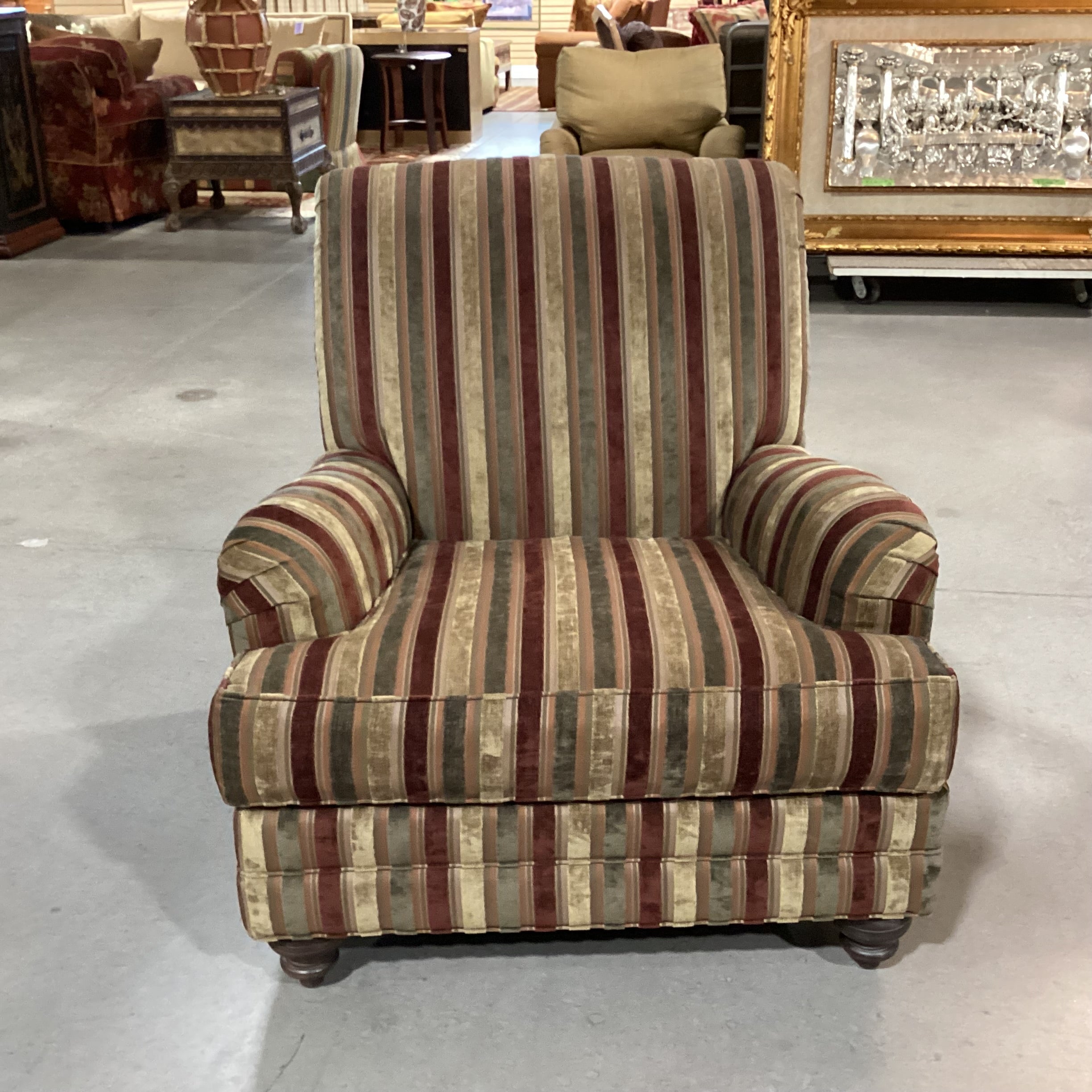 Ethan Allen Gold Rust Olive Upholstered Striped Arm Chair 34"x 35.5"x 36"