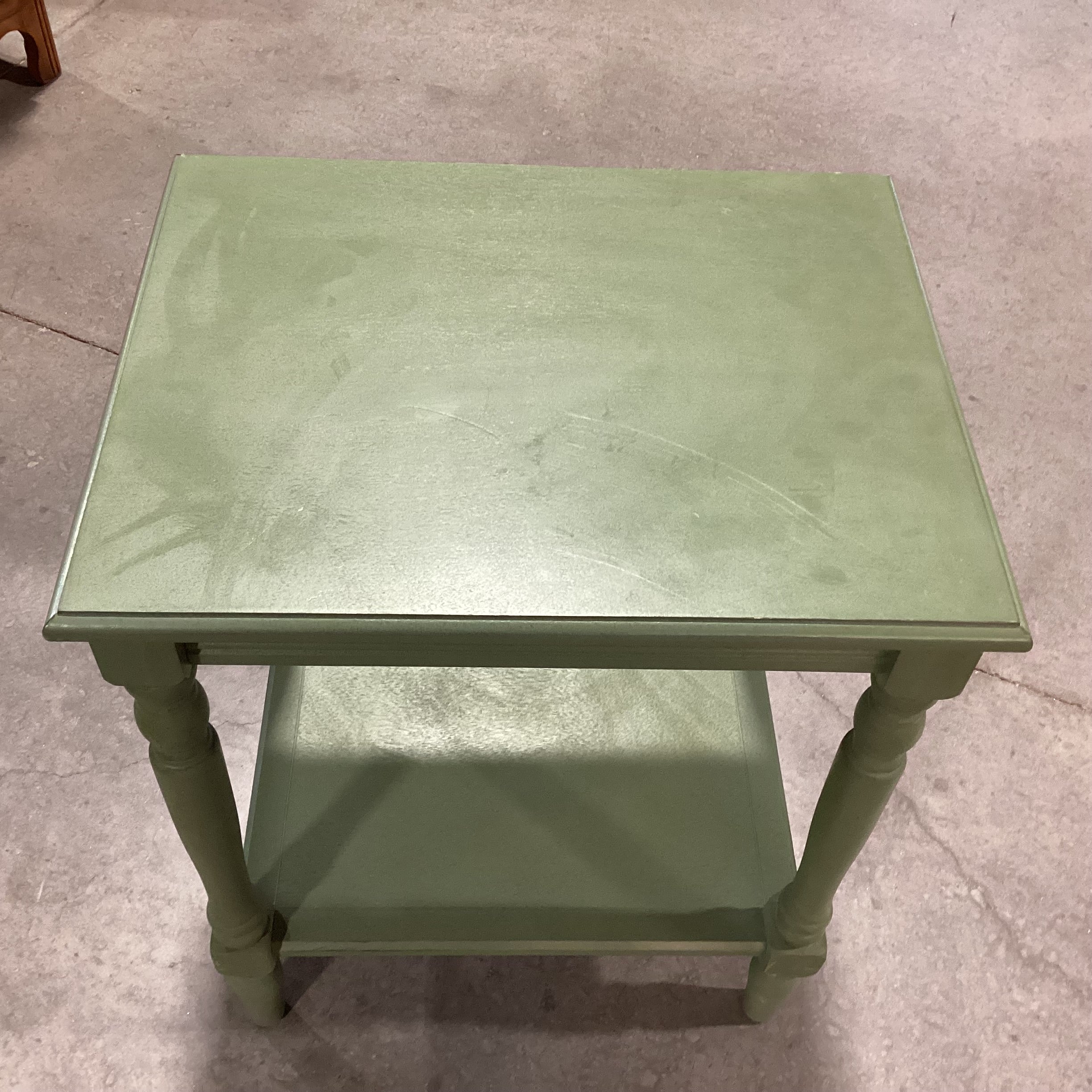 Green Painted Carved Wood 2 Tiered End Table  20"x 16"x 24.5"