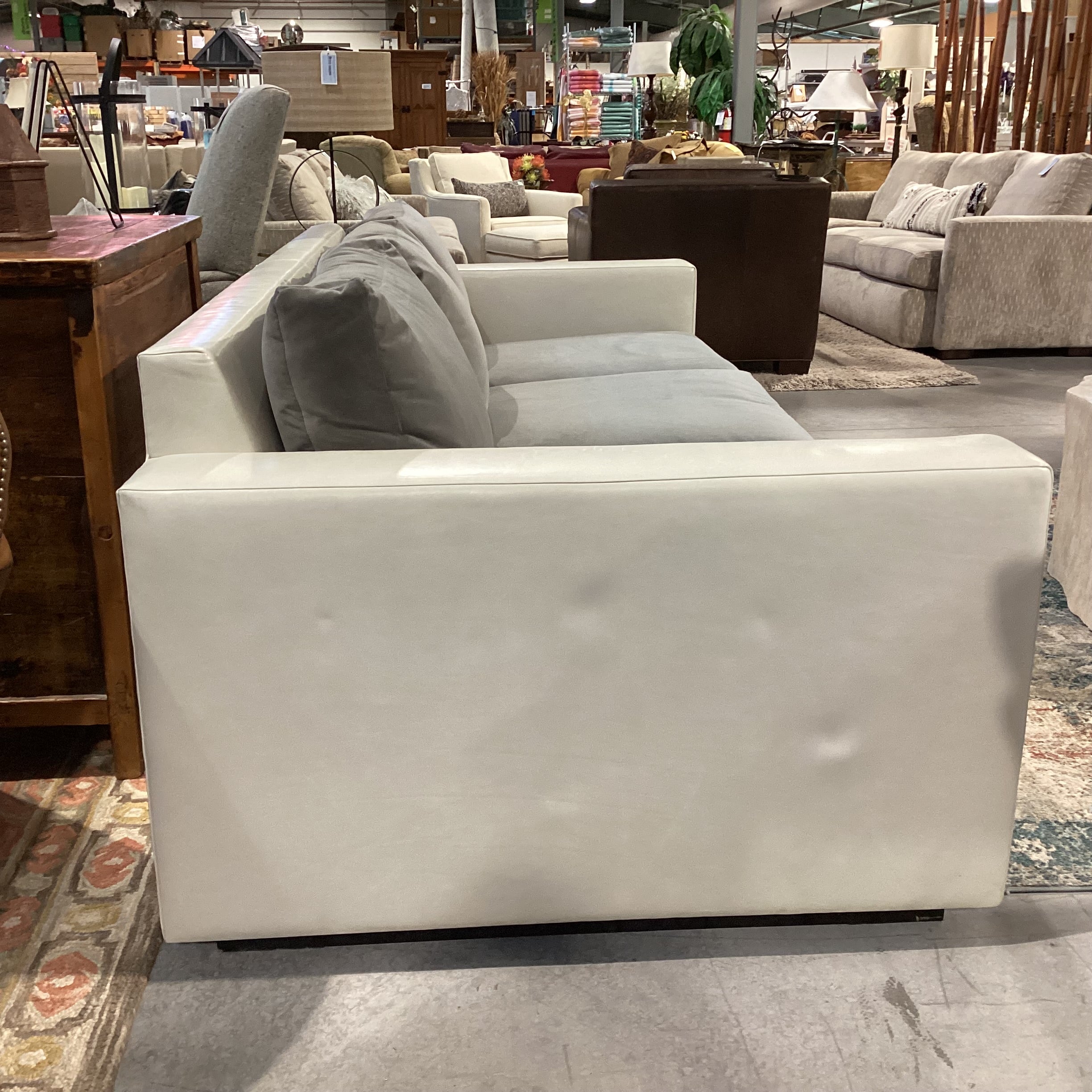 Custom Grey Velvet & Cream Leather Track Arm Down Mix Sofa 96"x 42"x 30"