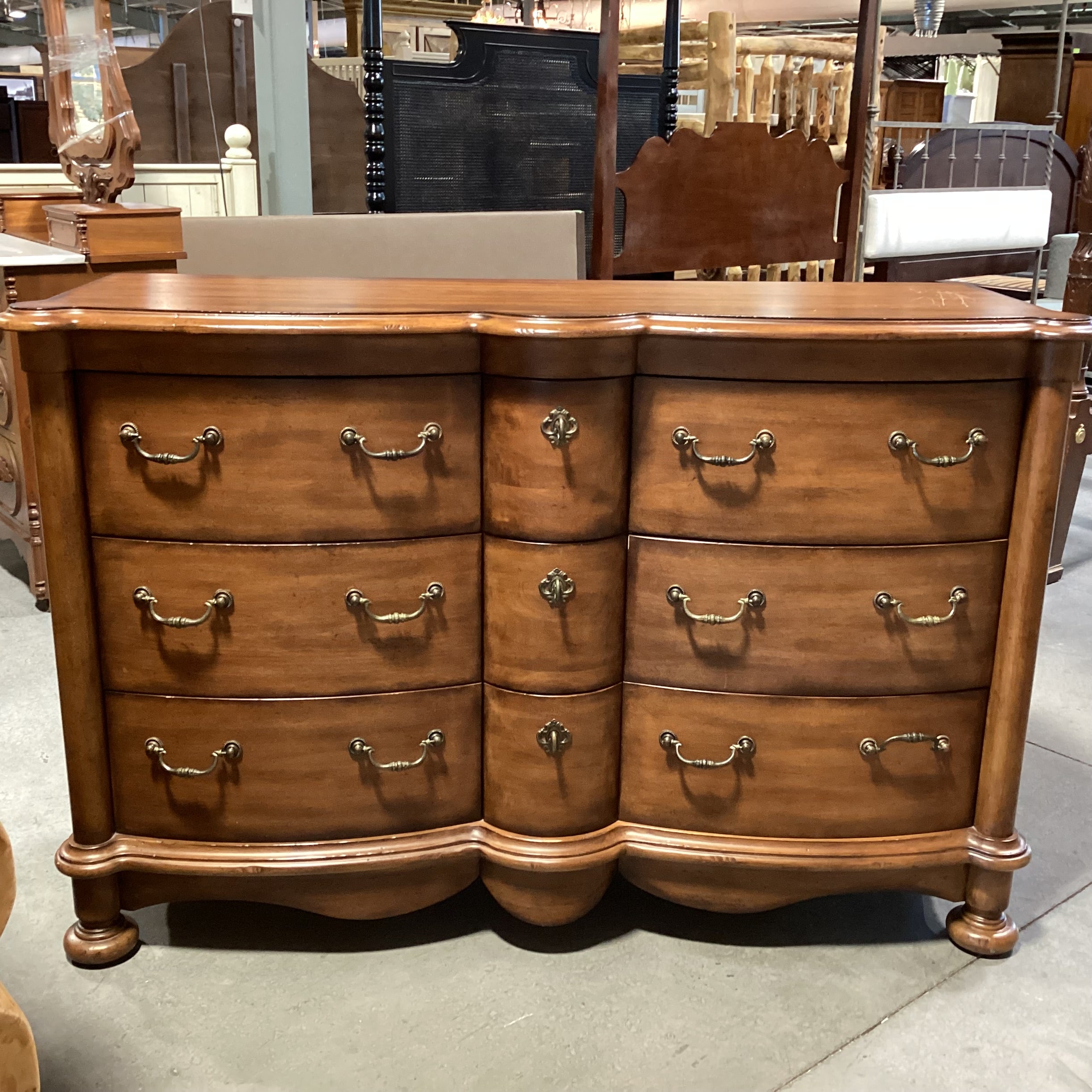 Hickory White Distressed Carved Curved Front 9 Drawer Dresser 64"x 20"x 42"