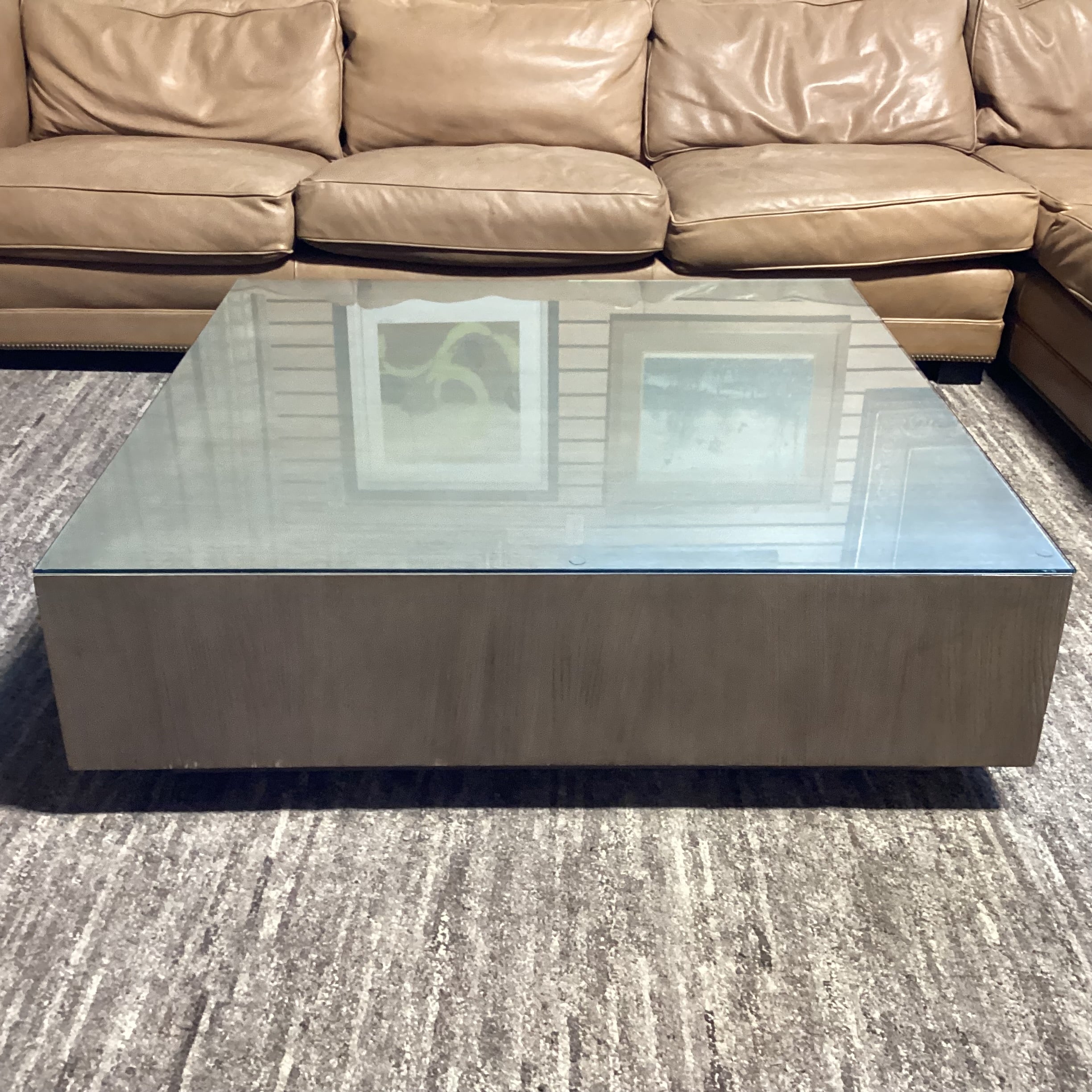 Modern Grey Sage Finished Oak & Glass Top Coffee Table 48"x 48"x 14.5"