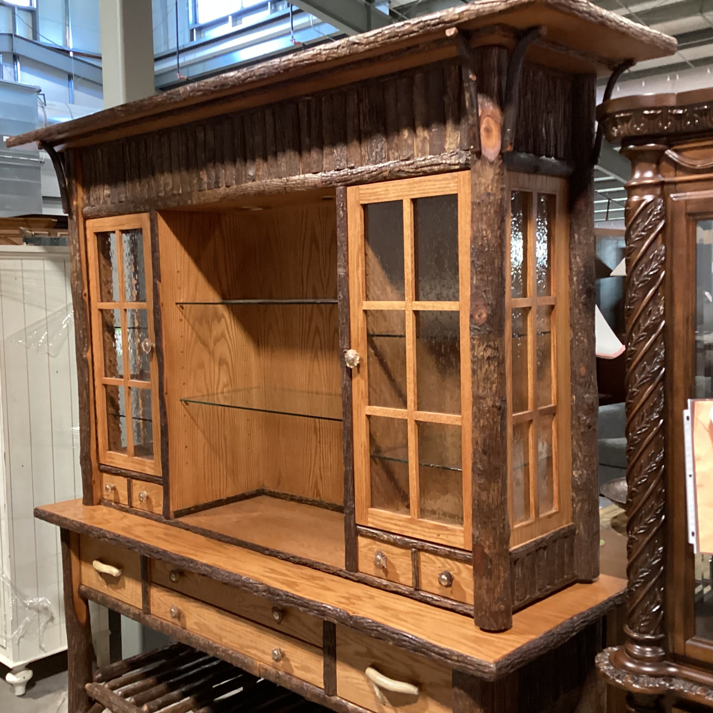 Old Hickory Lodge Craft Big Ranch Hickory Log Oak & Veneers Antler Style Pulls 2 Piece China Hutch 82"x 25.5"x 85"