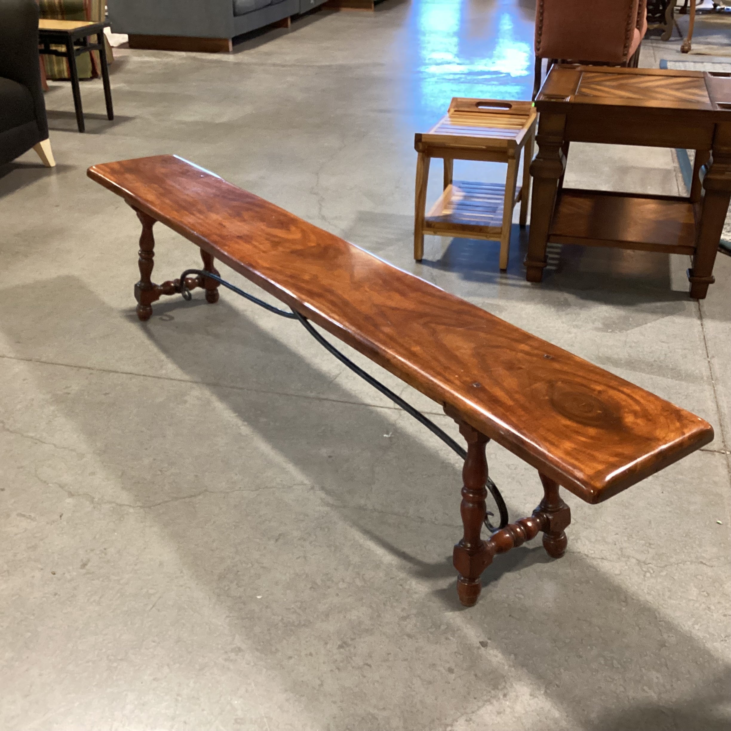 Finished Craved Wood with Iron Trestle Bench 84"x 12'x 18"