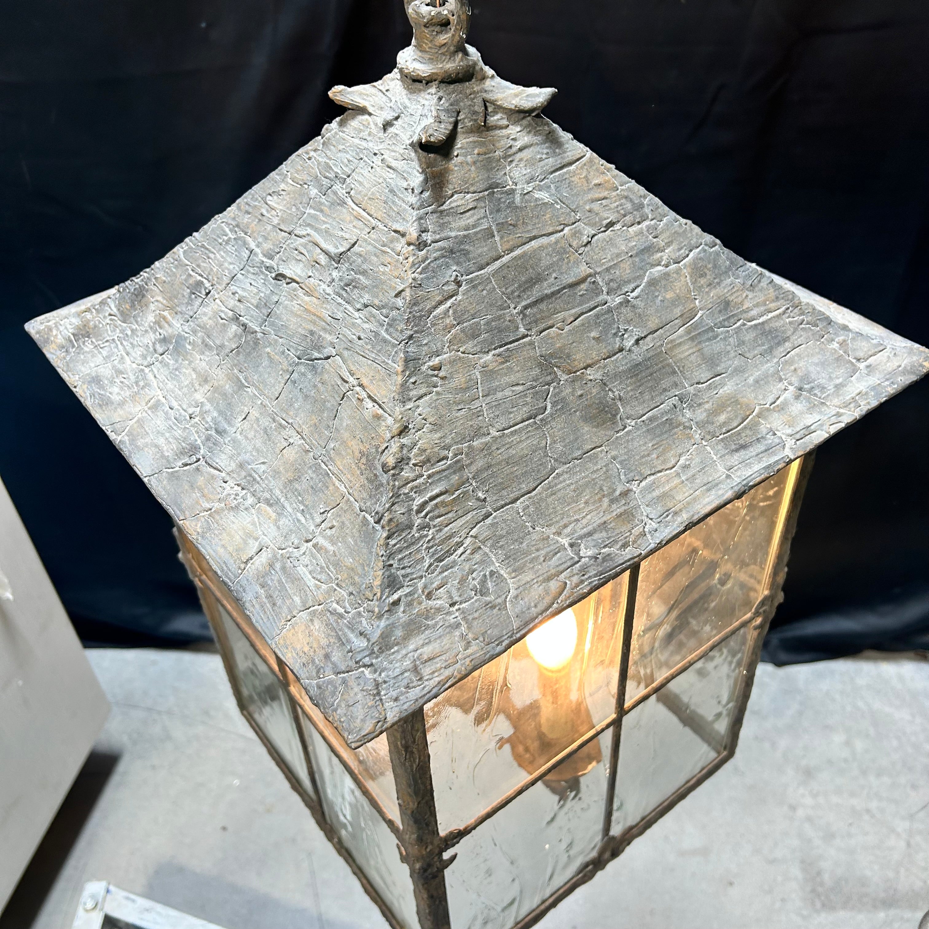 Vintage Rustic Metal & Textured Glass 4 Light Candelabra 12"x 25"Pendant