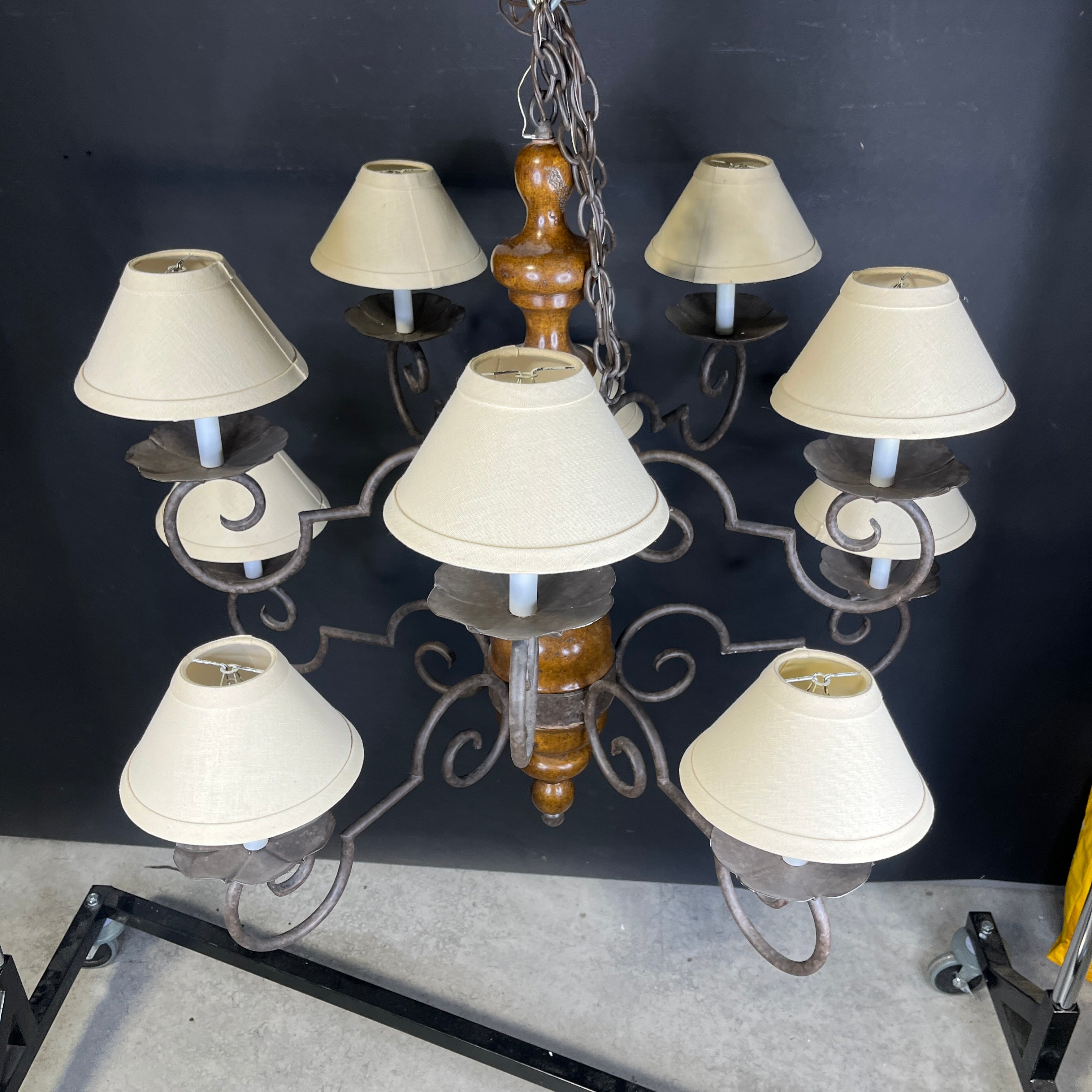 Vintage Romantic Tiered 10-Light Medium Finish Wood and Bronze Metal Arms with Shades Chandelier 40”x 35” - 54”